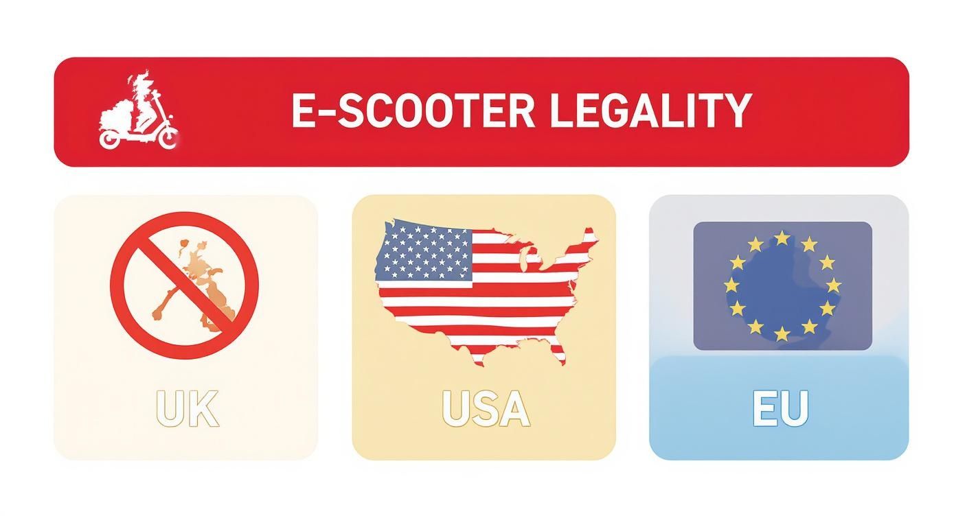An infographic summarizing the legality of electric scooters in the UK, US, and EU with simple icons.