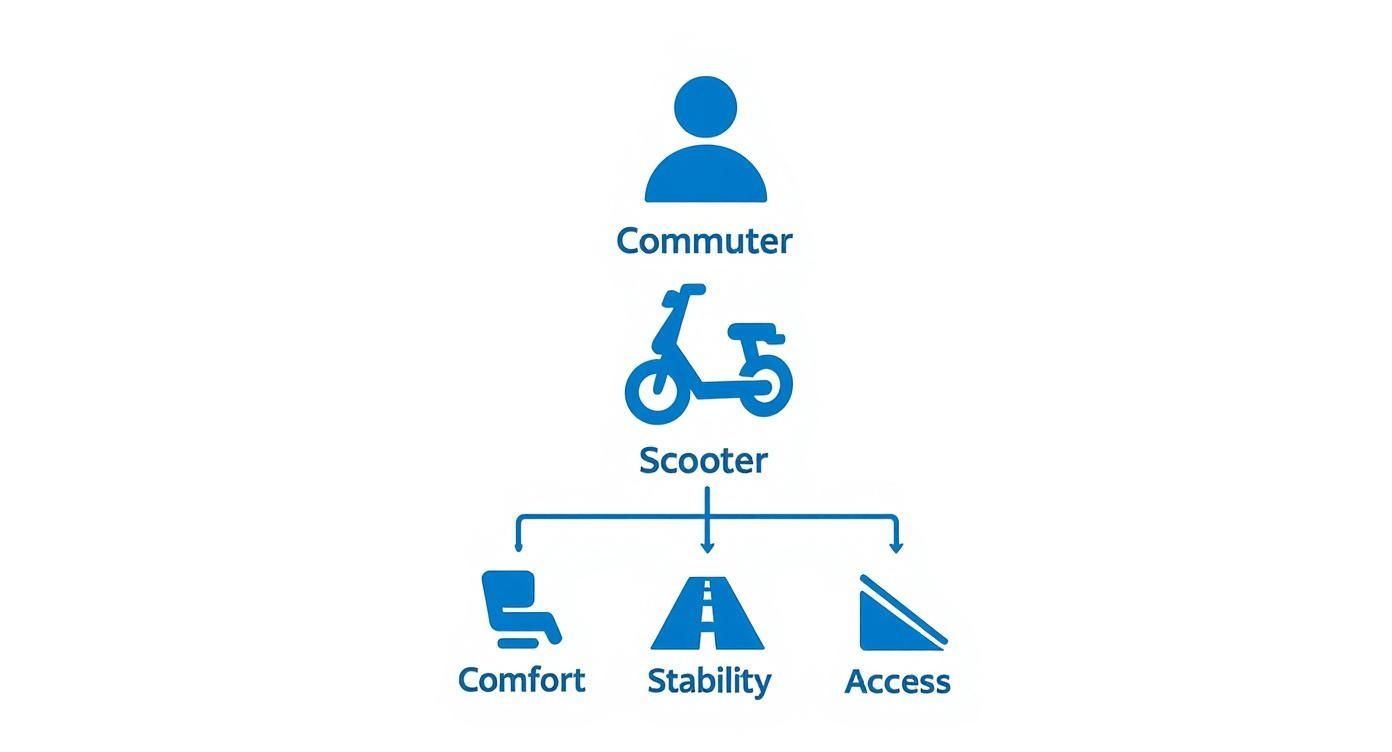 Diagram showing a commuter and an electric scooter, highlighting comfort, stability, and access features.