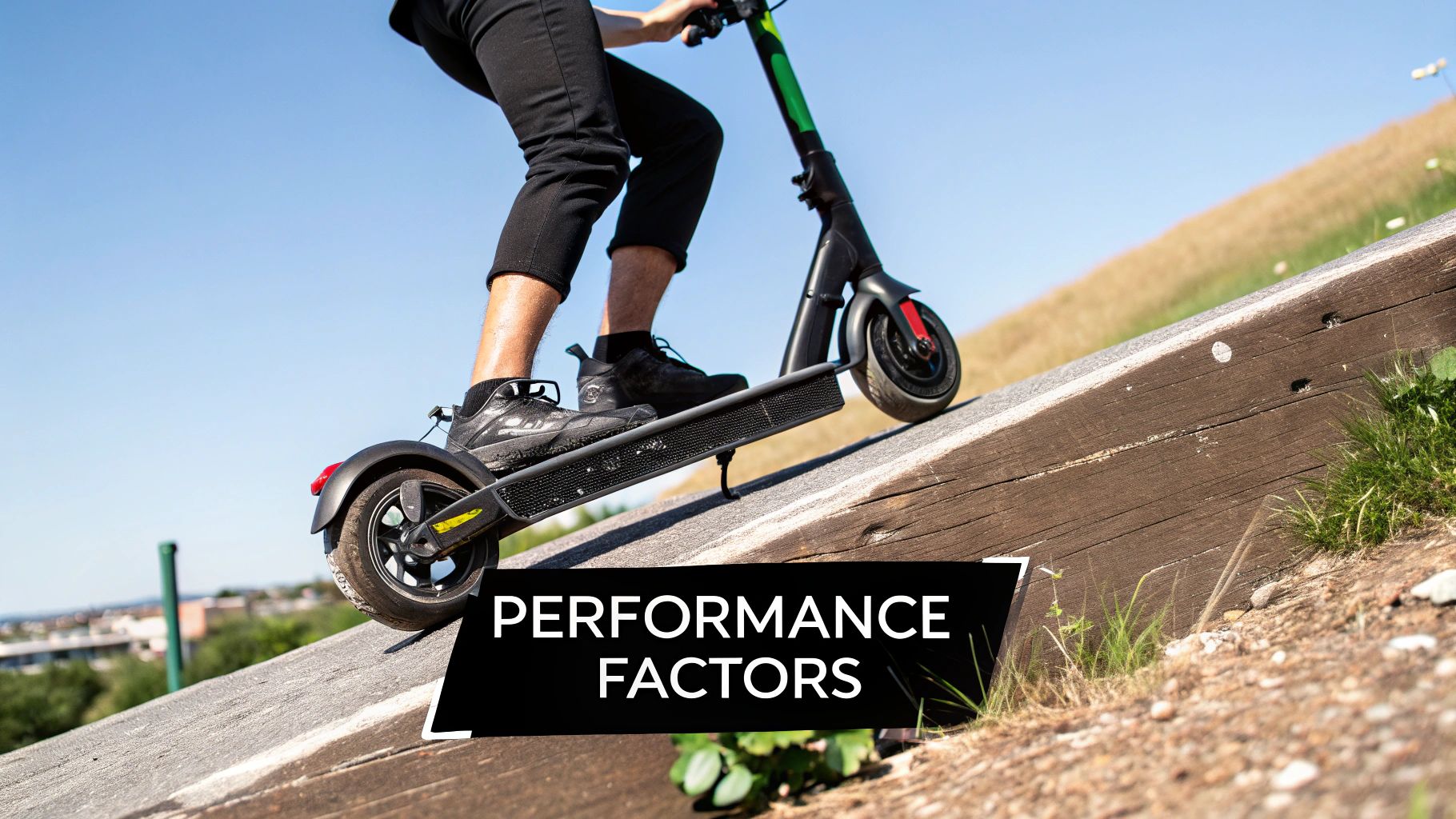 A person riding an electric scooter up a paved hill with city buildings in the background.