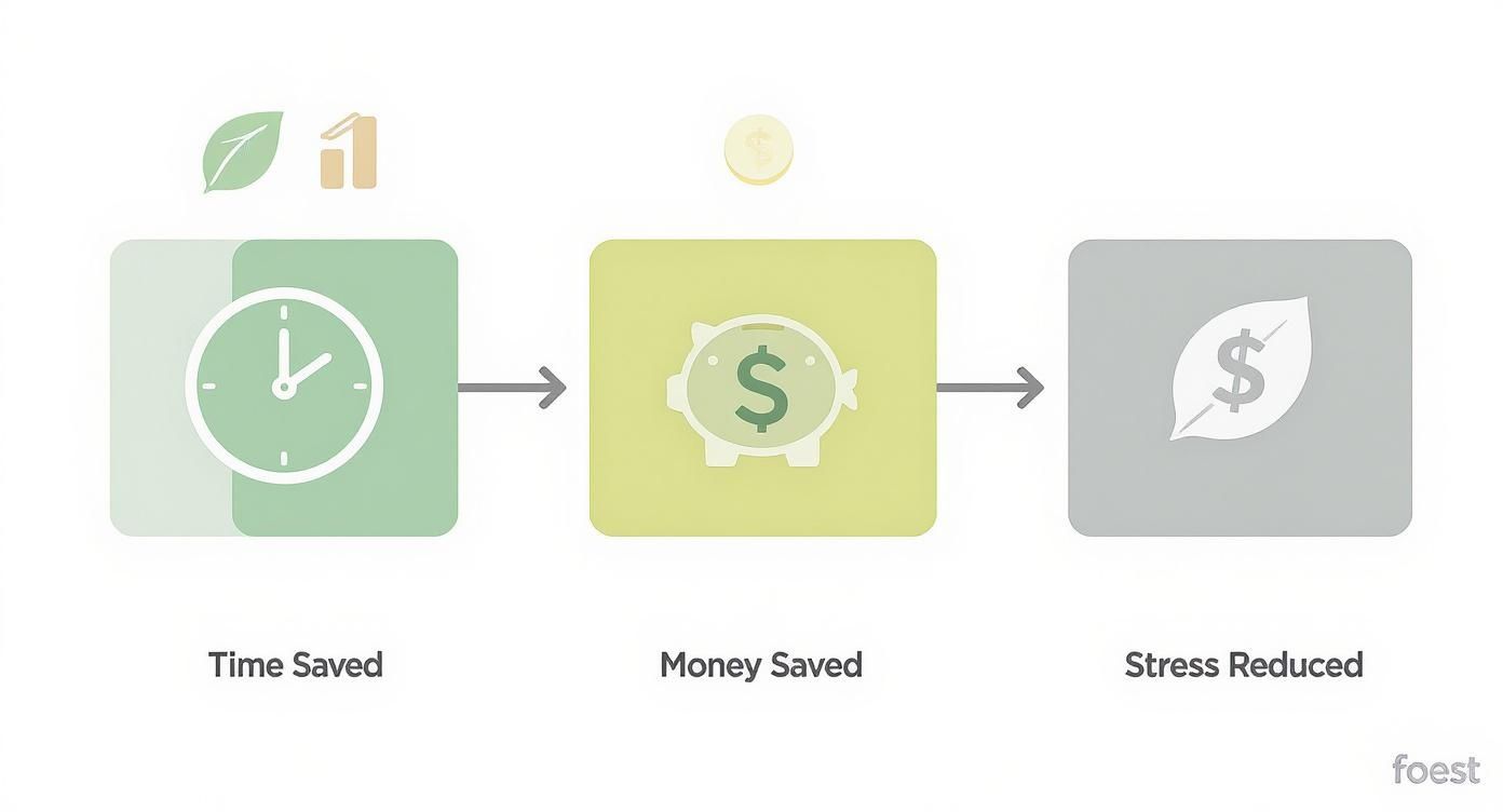 Diagram illustrating how time saved leads to money saved, ultimately reducing stress.