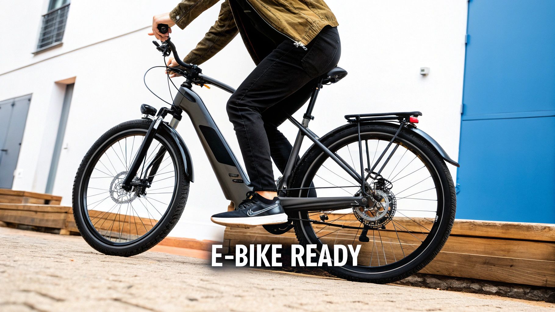 Inimene sõidab tumehallil elektrijalgrattal, millel on tekst 