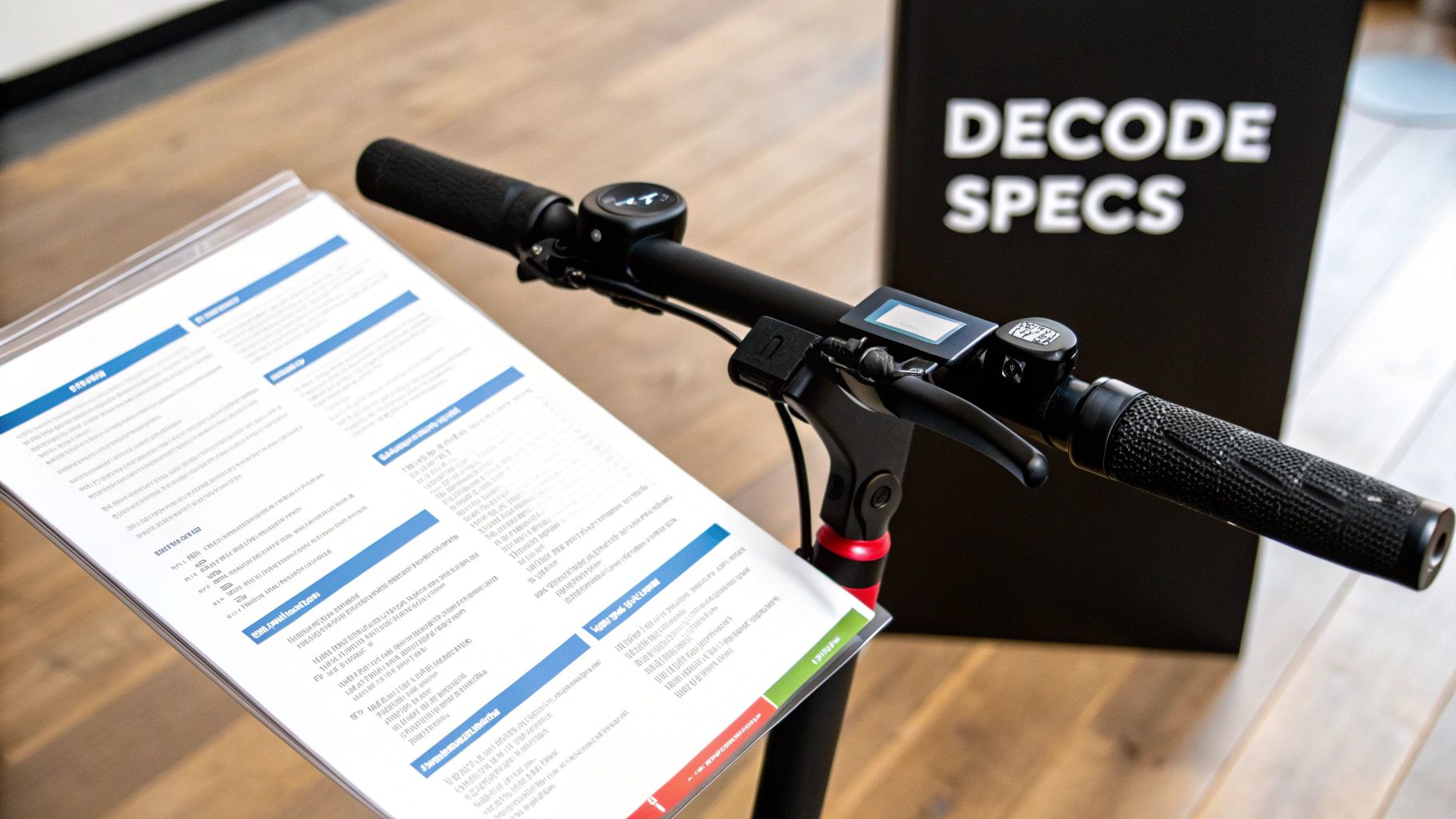 Close-up of an electric scooter's handlebars next to a document detailing its specifications.