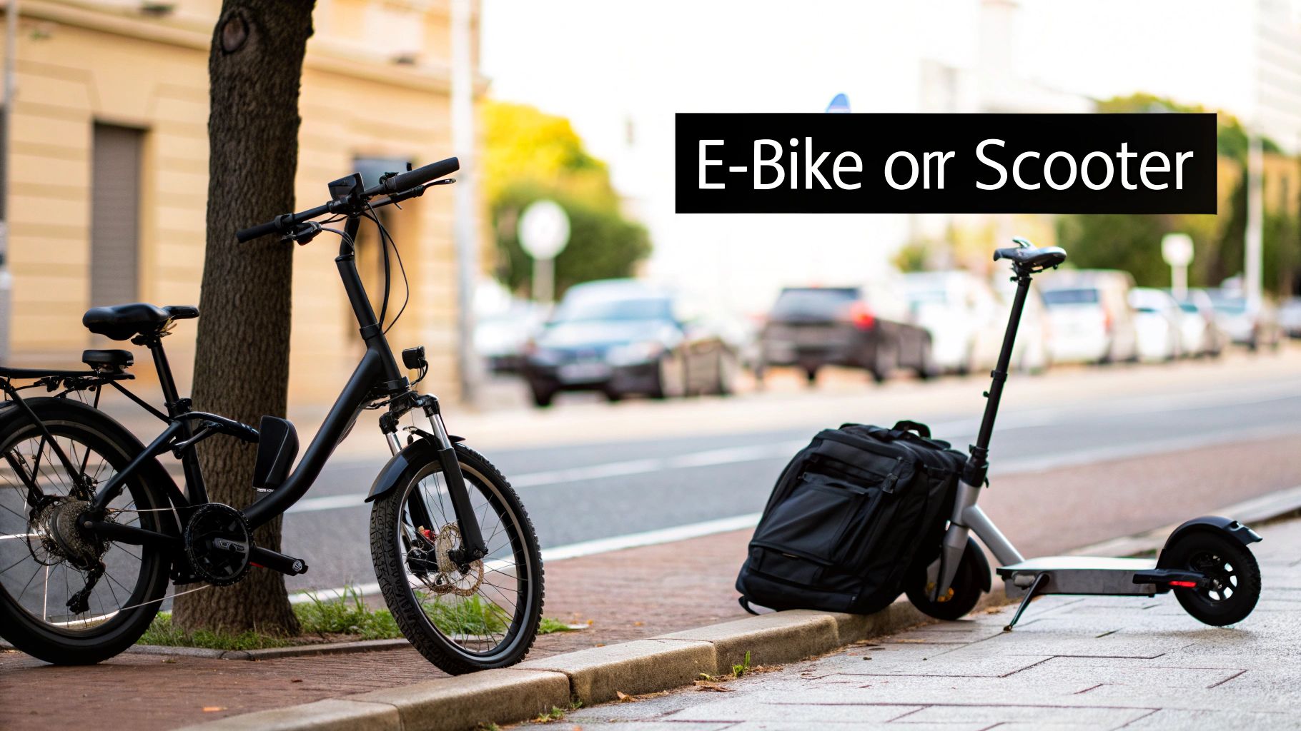 An electric bike and an electric scooter parked side-by-side on a city street, ready for a commute.