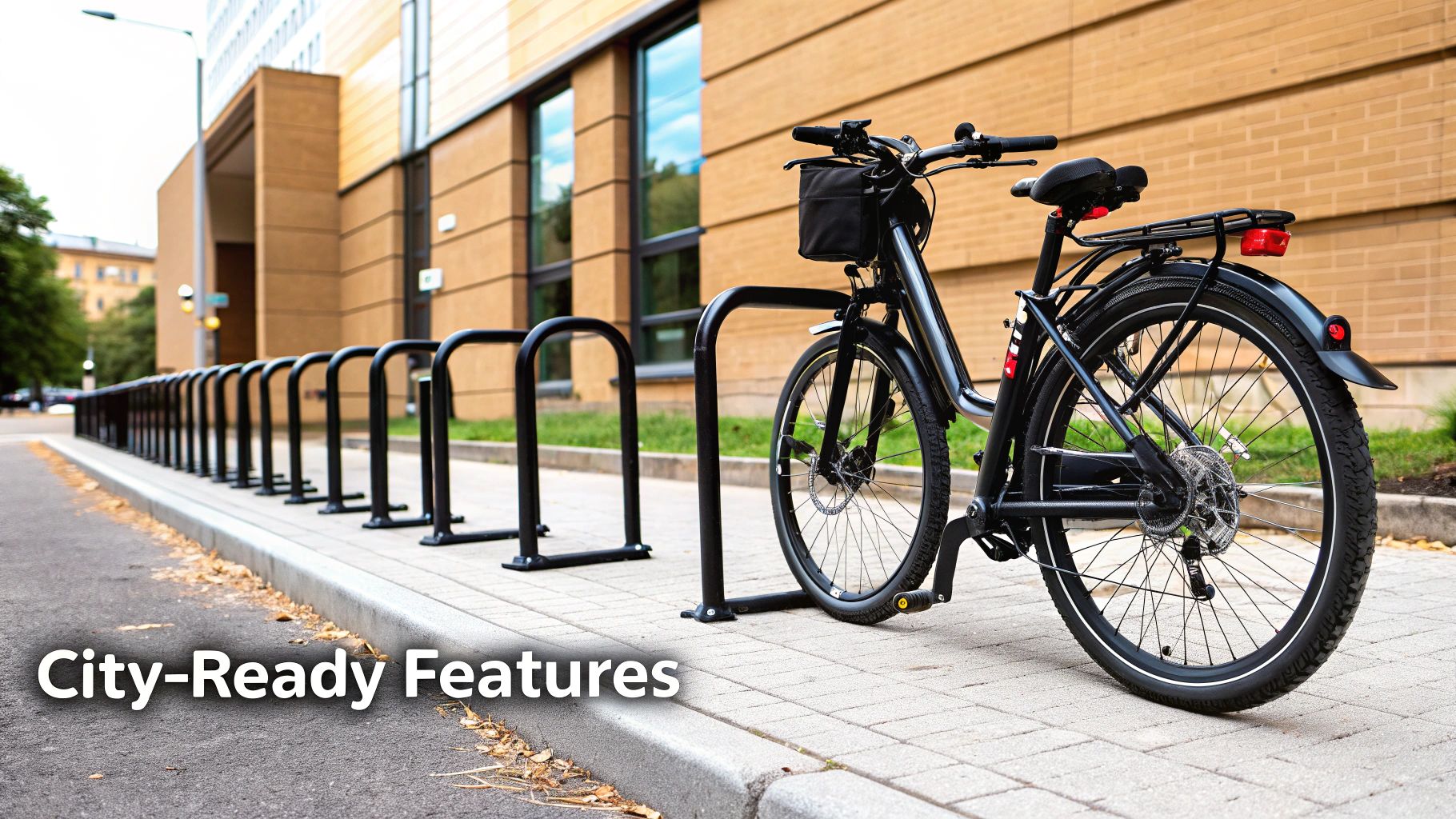 An electric bike with features like a rear rack and mudguards parked in a city.