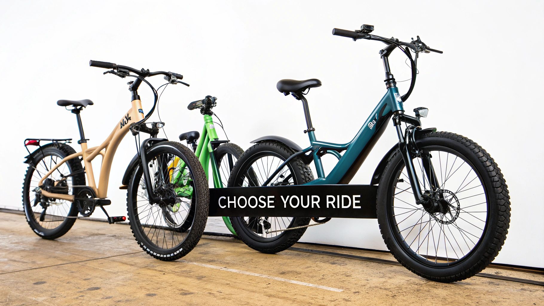 Three electric bikes in tan, green, and teal, lined up with a 'Choose Your Ride' sign.