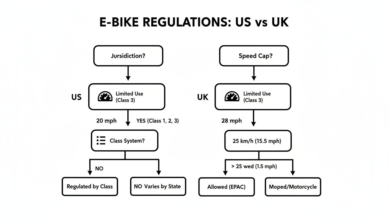 Schemat blokowy porównujący przepisy dotyczące rowerów elektrycznych w USA i Wielkiej Brytanii, wyszczególniający ograniczenia prędkości i klasyfikacje.