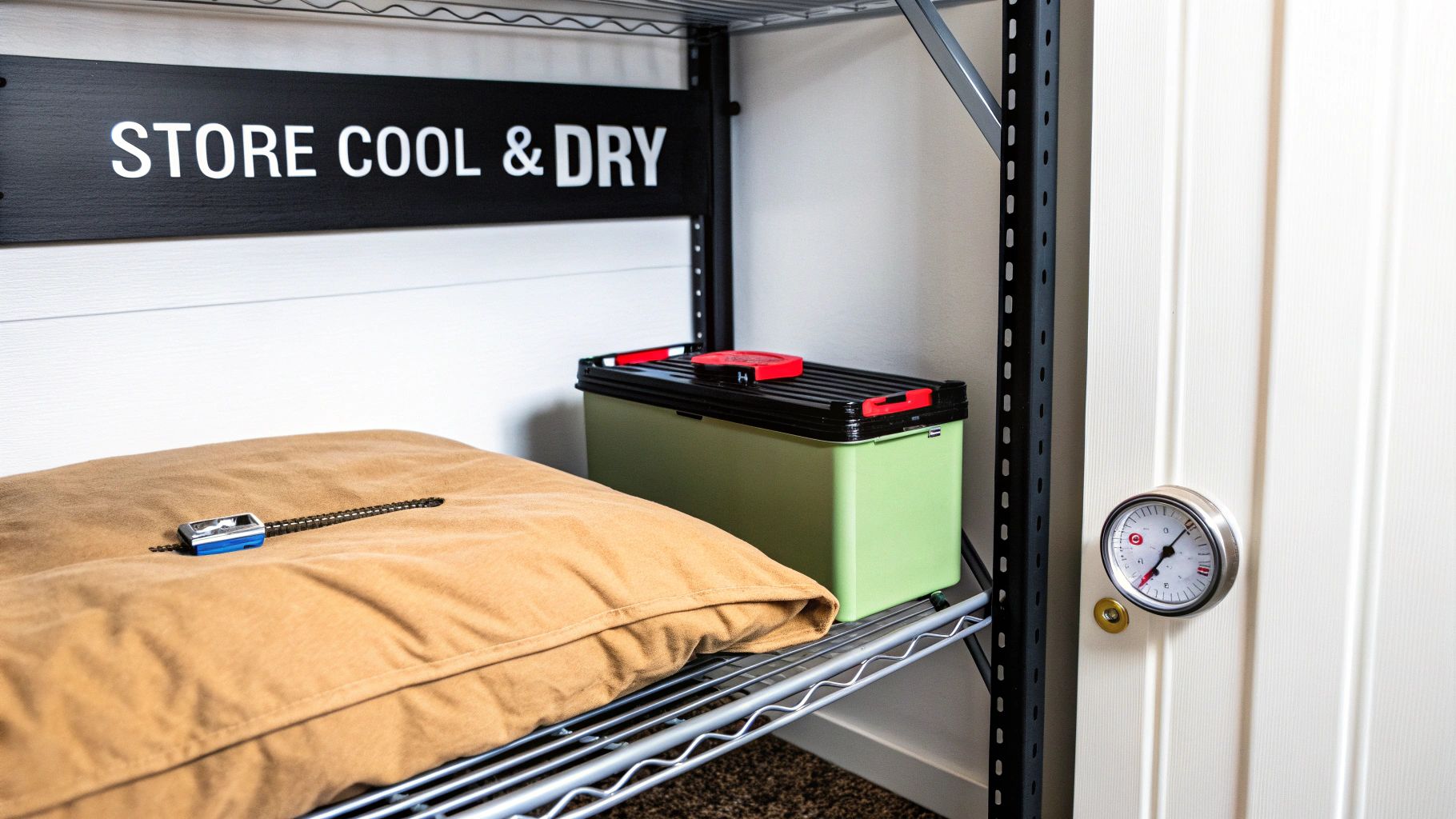 A metal shelf with a brown pillow and green bin, under a 'STORE COOL & DRY' sign.