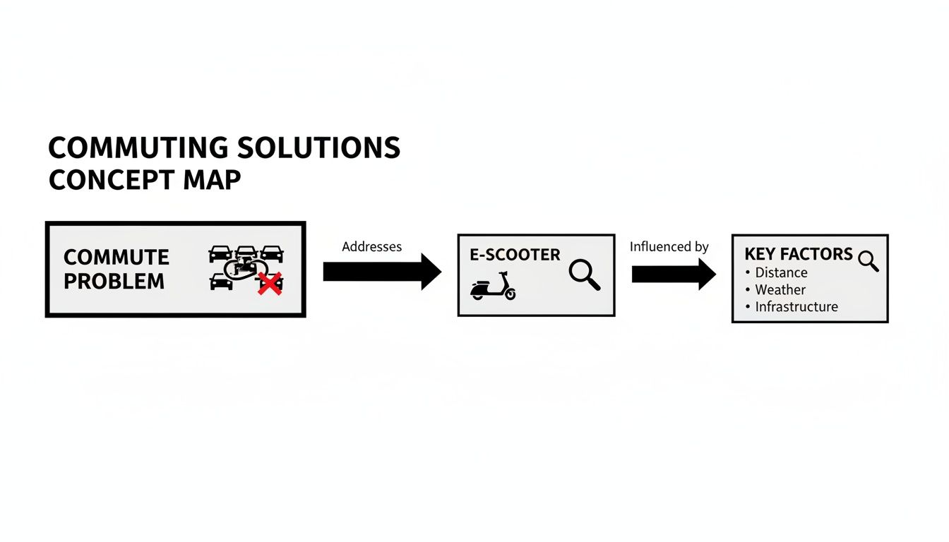 Mapa koncepcyjna przedstawiająca hulajnogi elektryczne jako rozwiązanie problemów z dojazdami do pracy, na które wpływa odległość, pogoda i infrastruktura.
