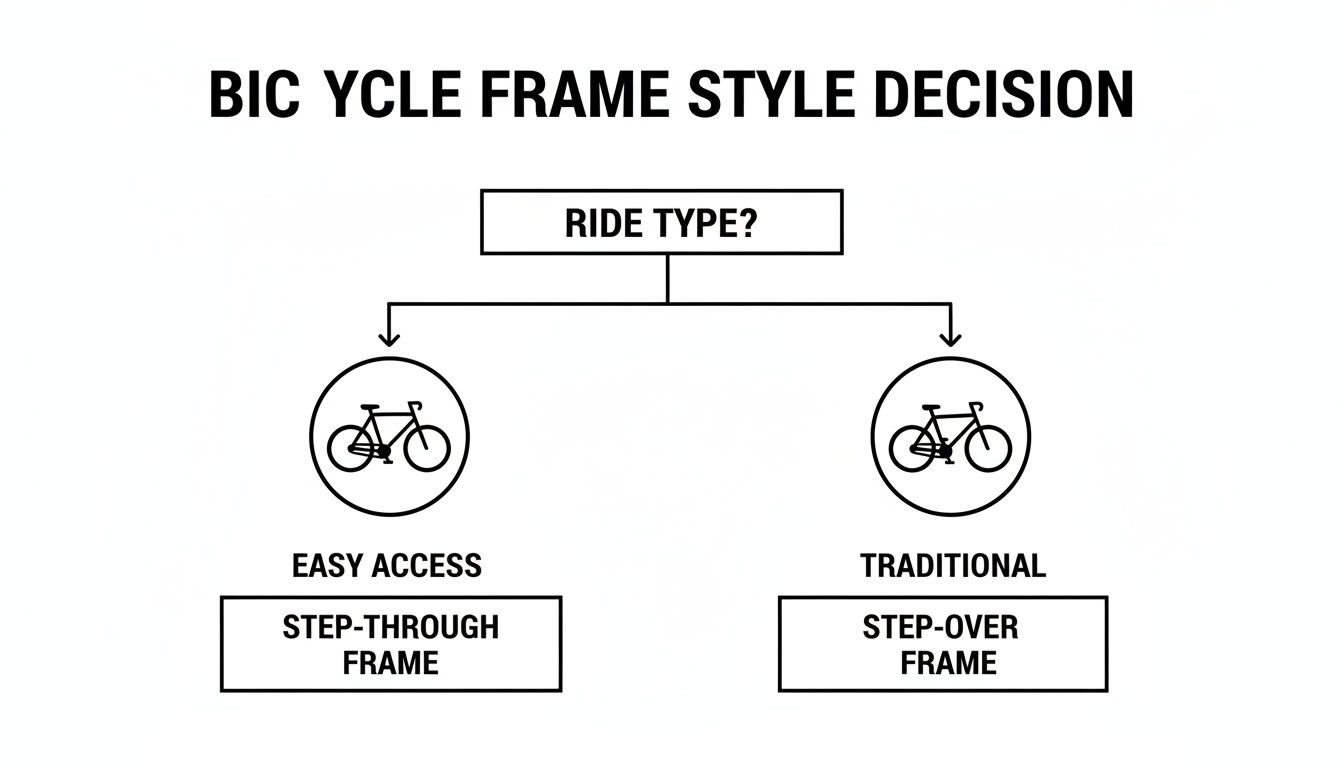 Schemat blokowy zatytułowany „Decyzja dotycząca stylu ramy roweru” ułatwiający wybór pomiędzy ramami schodkowymi z łatwym dostępem a tradycyjnymi ramami schodkowymi.
