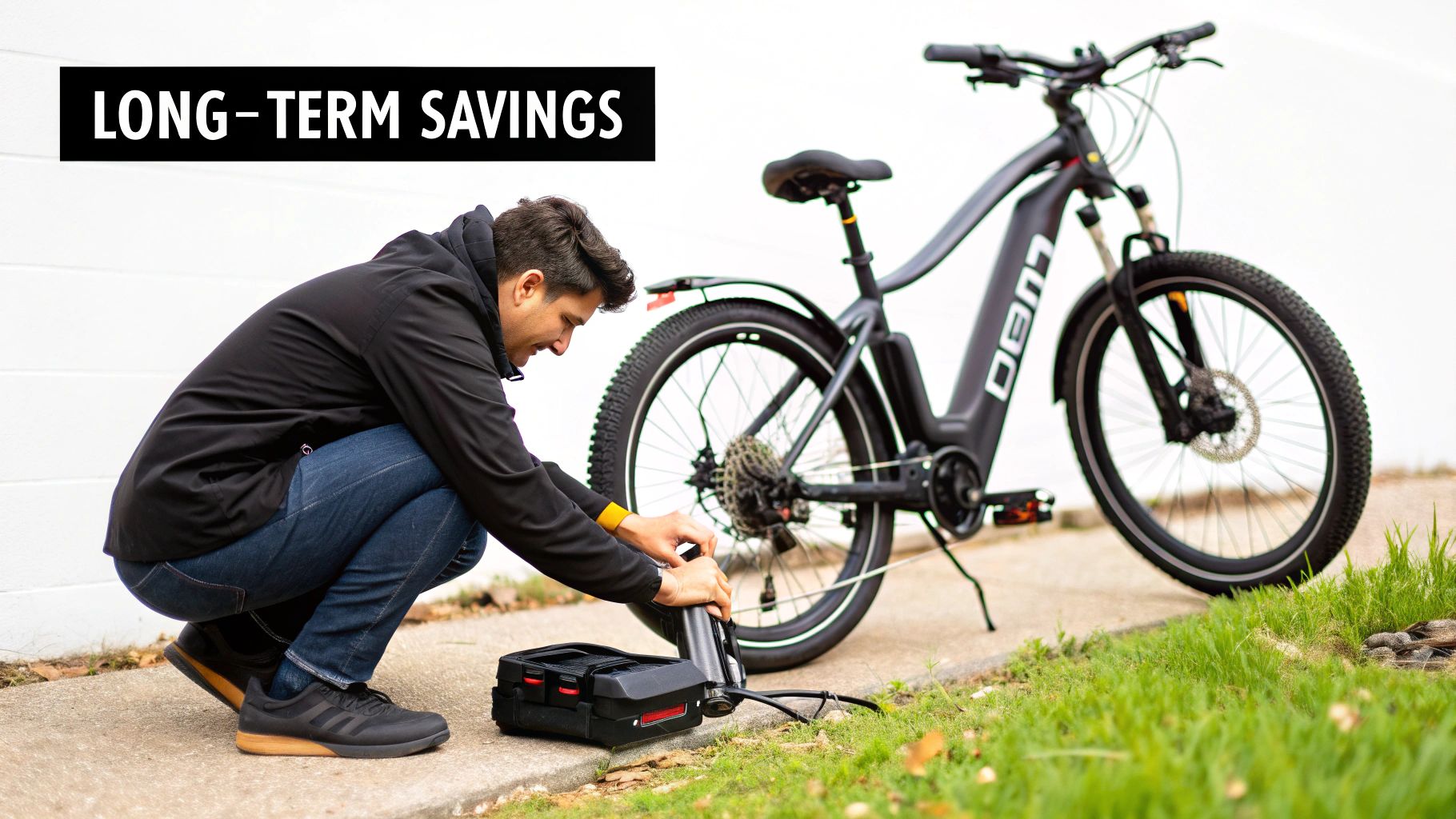 A man inflates the tire of a black electric bike with a portable air pump, emphasizing long-term savings.