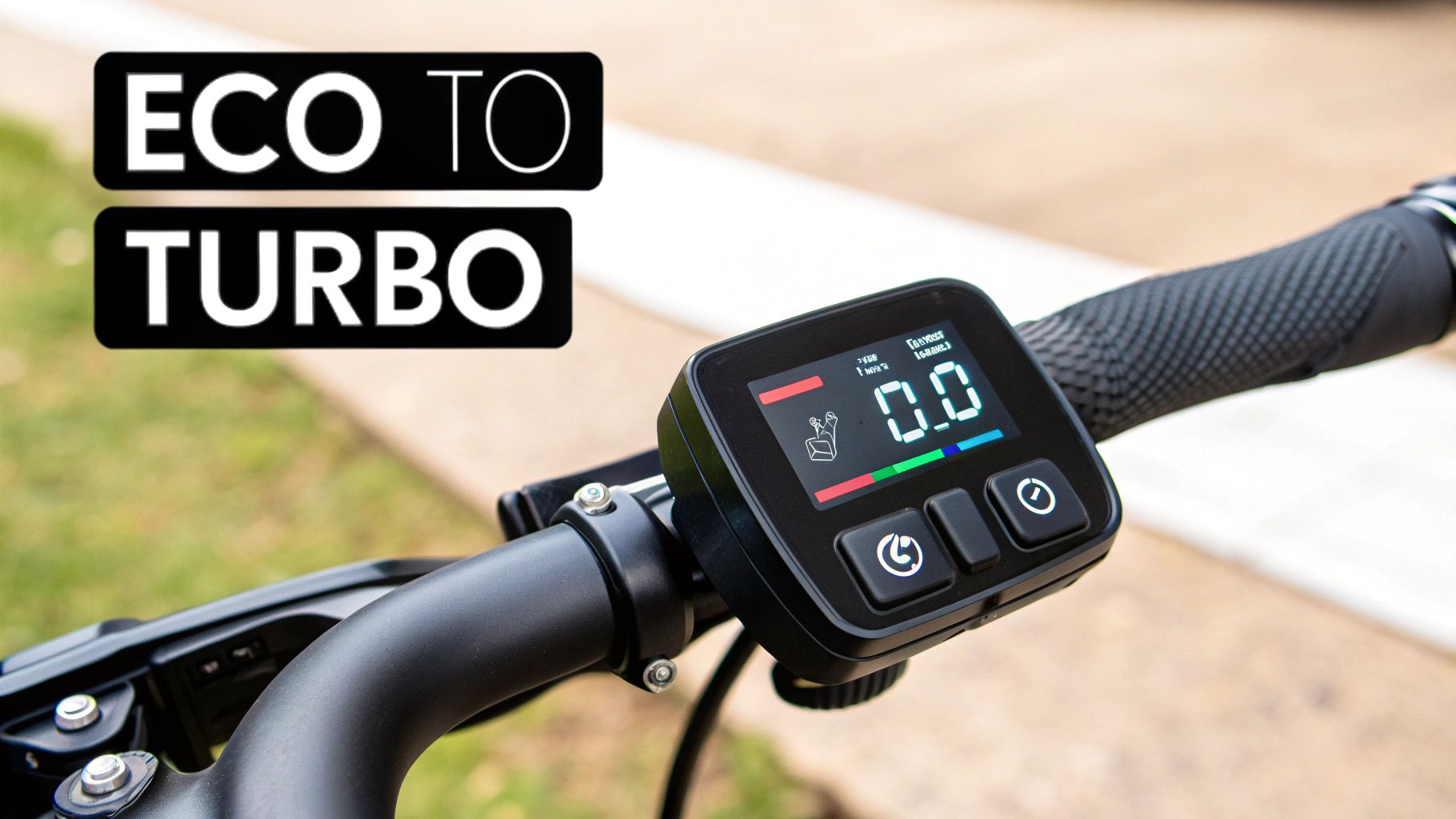 Electric bike display showing ECO and TURBO pedal assist modes with digital speed indicator on handlebar