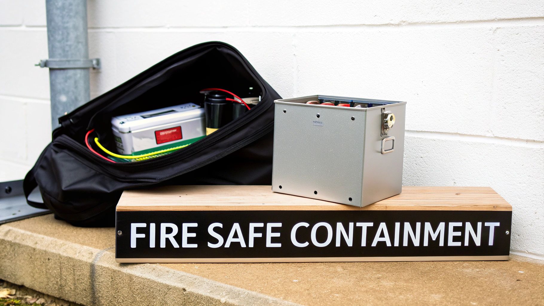 Fire safe containment equipment featuring a silver box, a black bag with devices, and a warning sign.