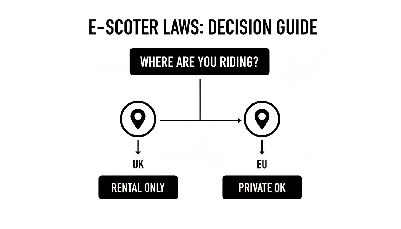 E-tõukeratta seaduste otsustusjuhendi vooskeem, mis näitab, et Ühendkuningriik lubab ainult rentimist, samas kui EL lubab eraomandis olevaid e-tõukerattaid.
