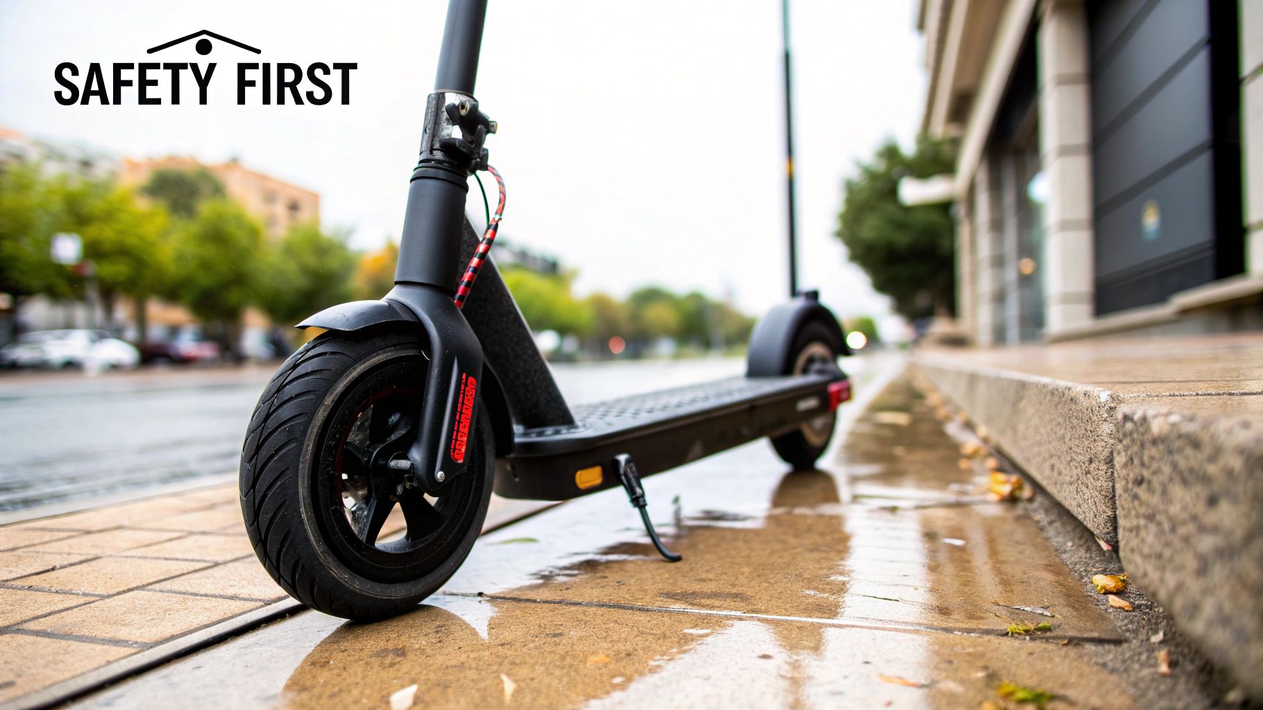 A person riding an electric scooter down a city street with blurred background lights.