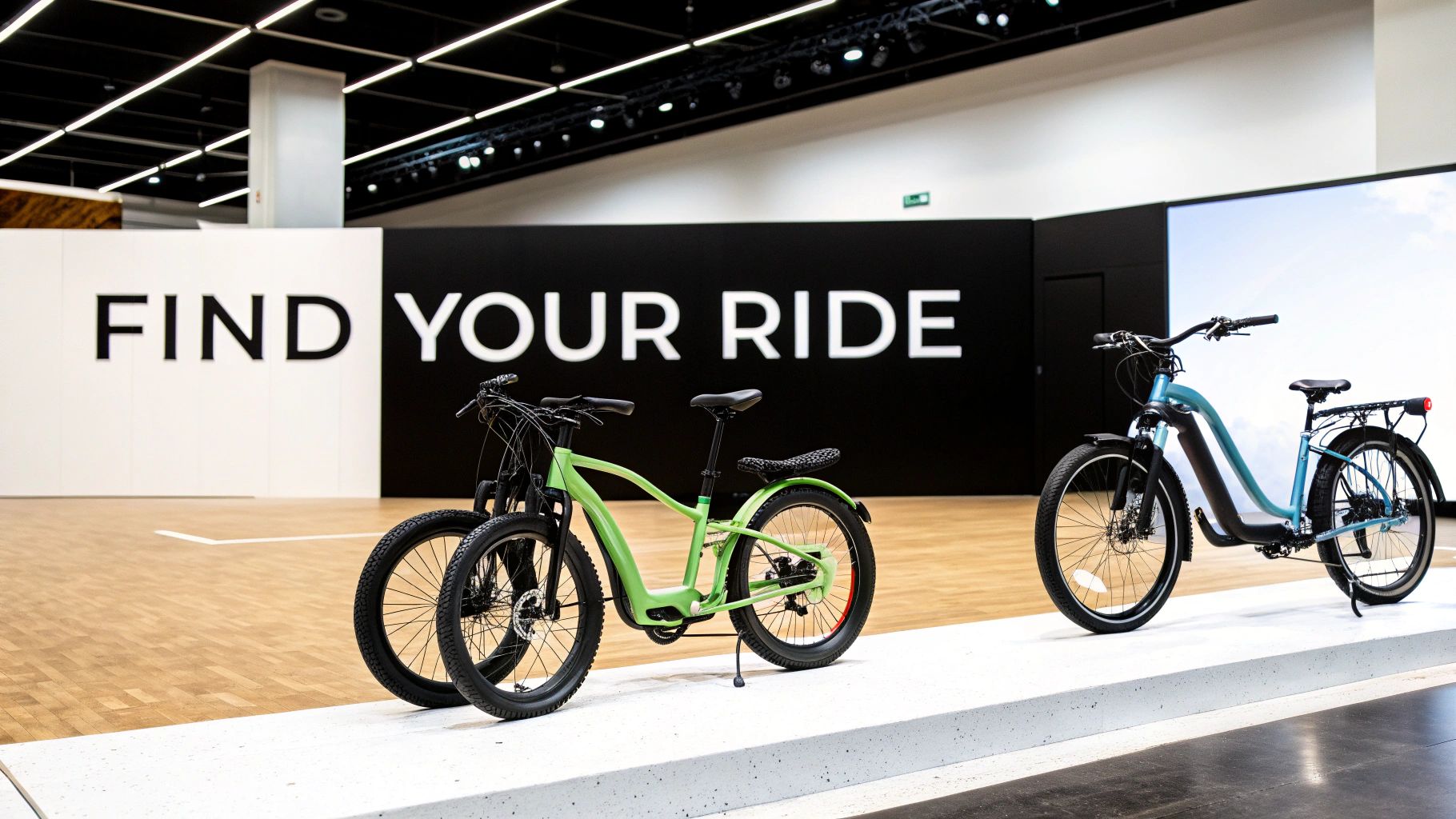 Rowery elektryczne w kolorze zielonym i niebieskim, wystawione w nowoczesnym salonie z napisem „ZNAJDŹ SWOJĄ PRZEJAZD”.