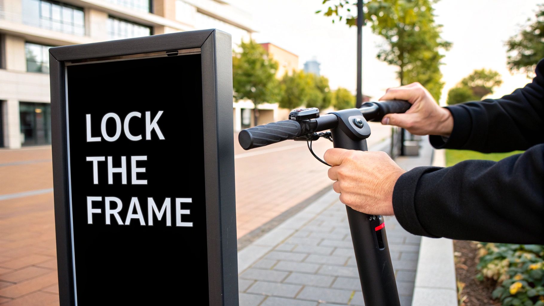 A person's hands grip an electric scooter handlebar next to a black sign displaying 'LOCK THE FRAME' outdoors.
