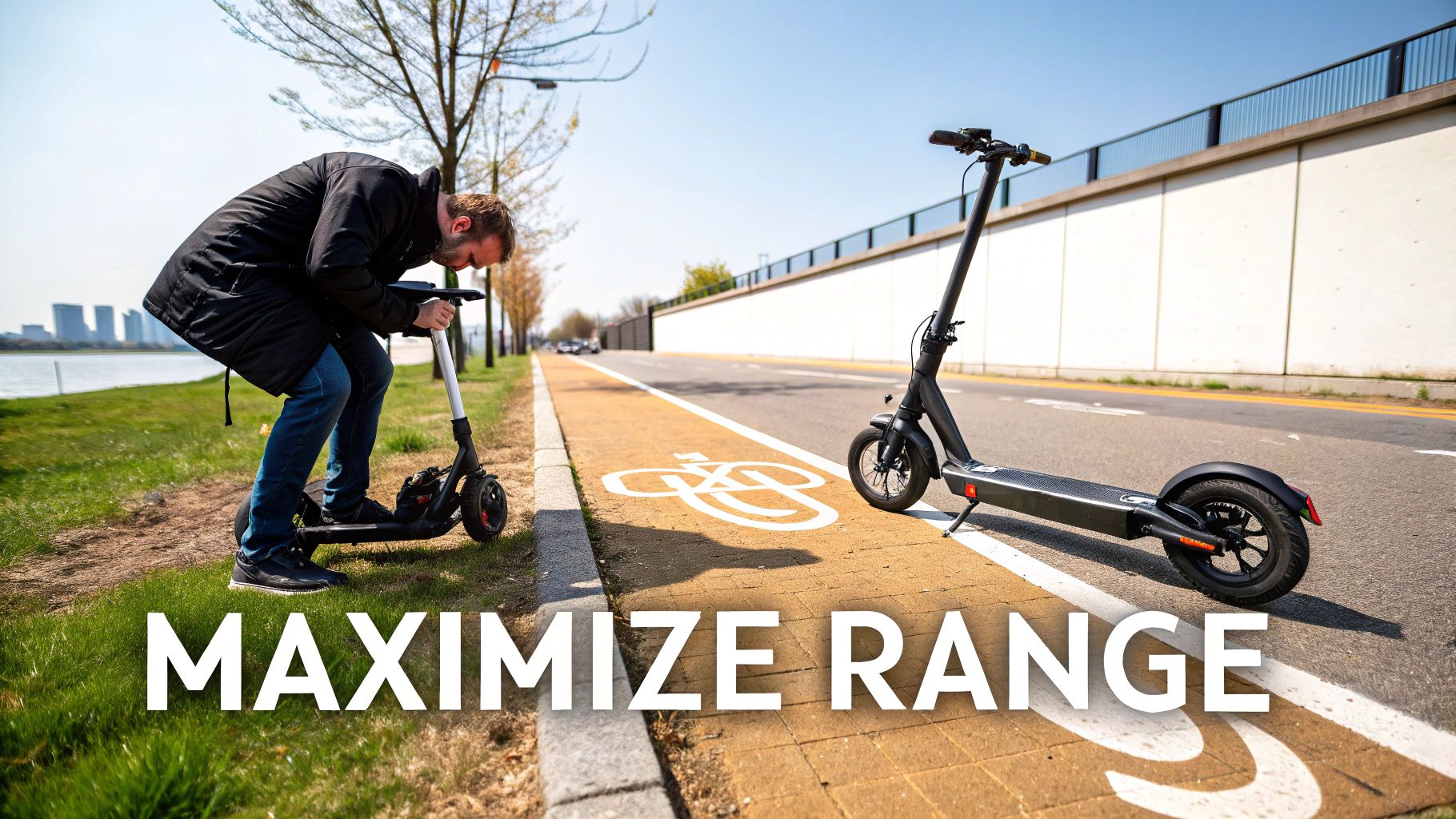 A person performing maintenance on an electric scooter's tire