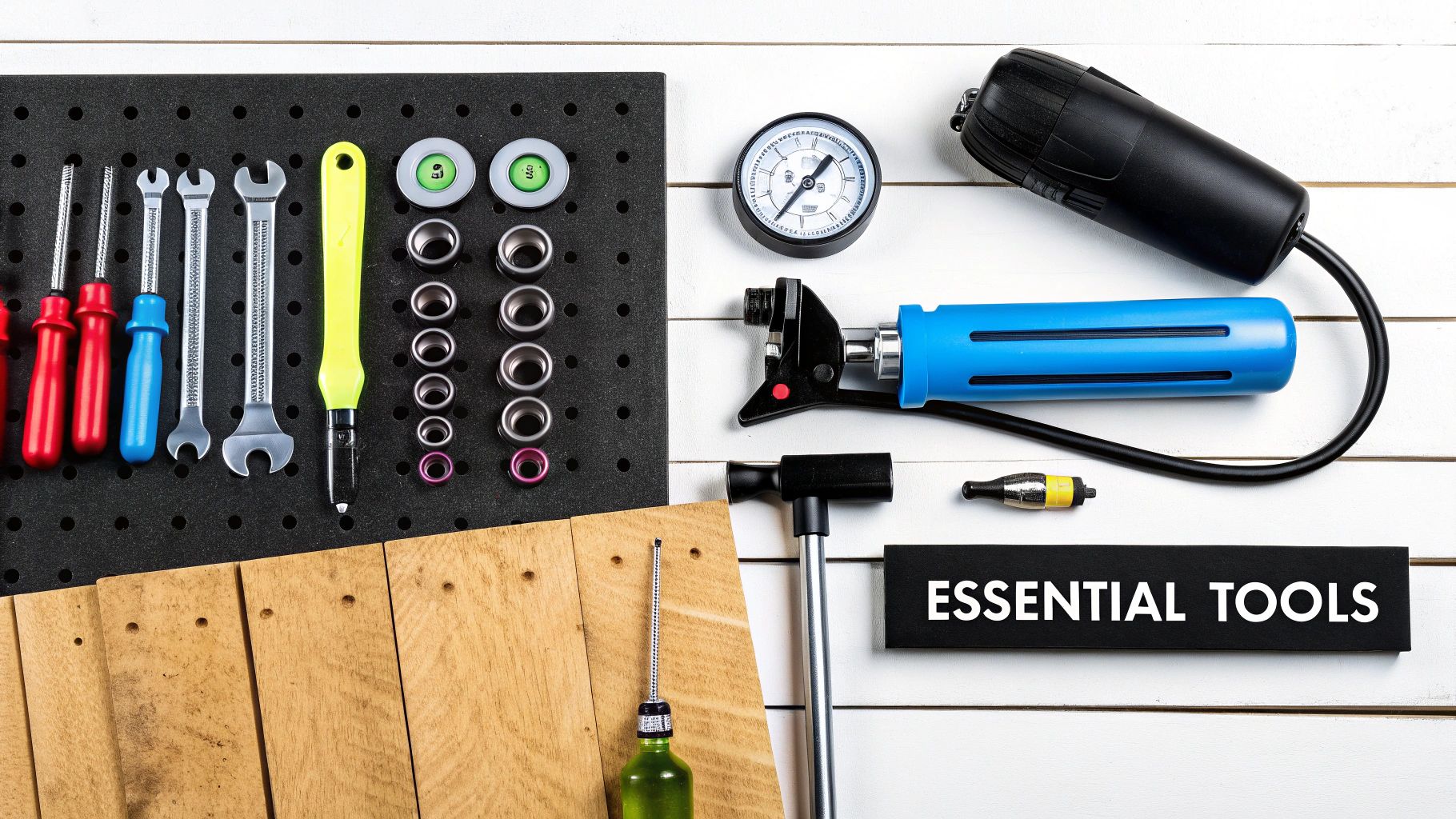 A flat lay of various essential tools for scooter or bicycle maintenance and repair.
