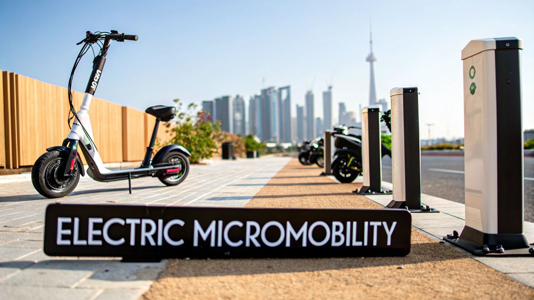 Electric scooter parked at urban charging station with city skyline and micromobility sign