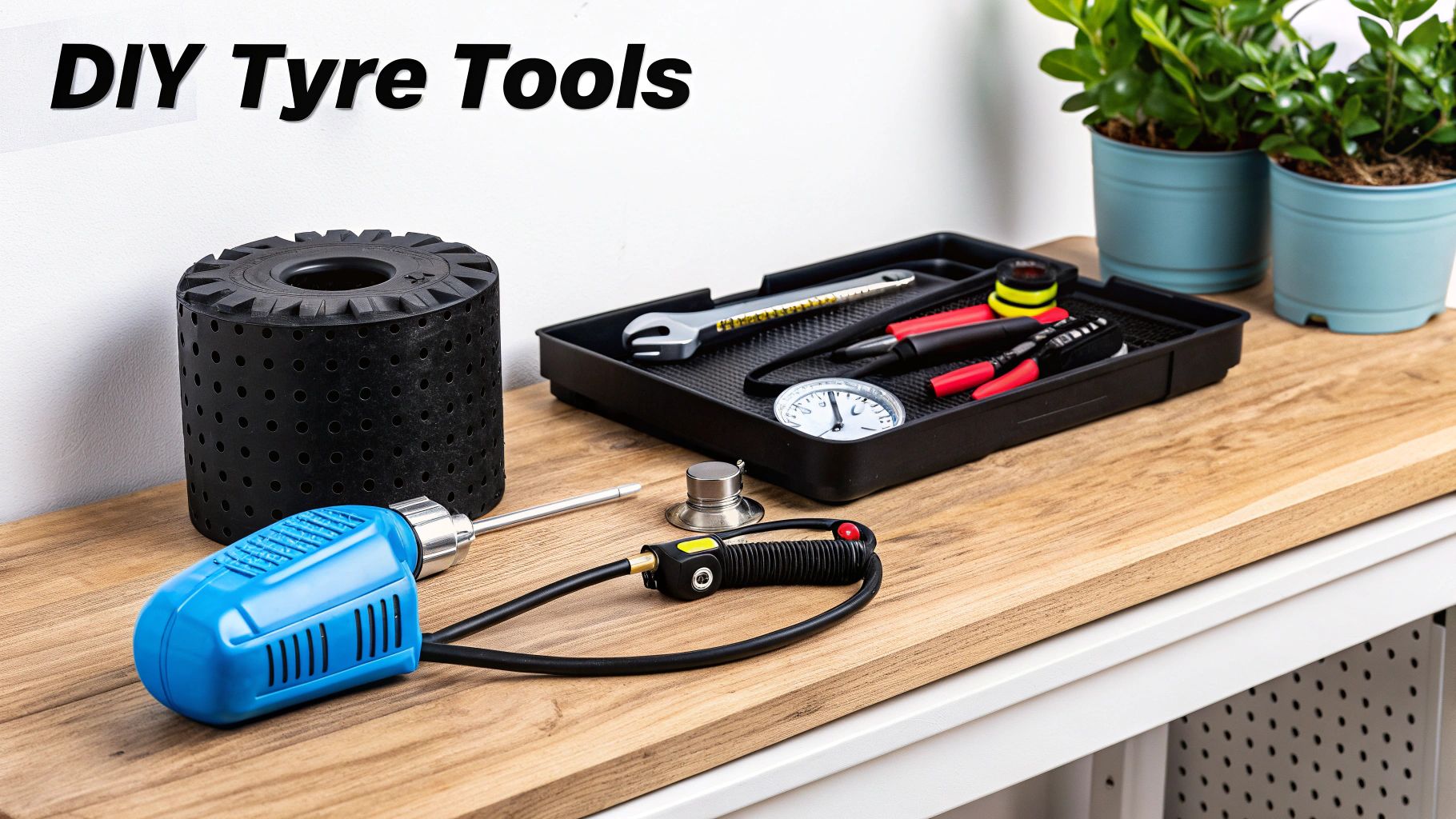 A collection of DIY tyre tools including an air pump, wrench, and pressure gauge on a wooden table.