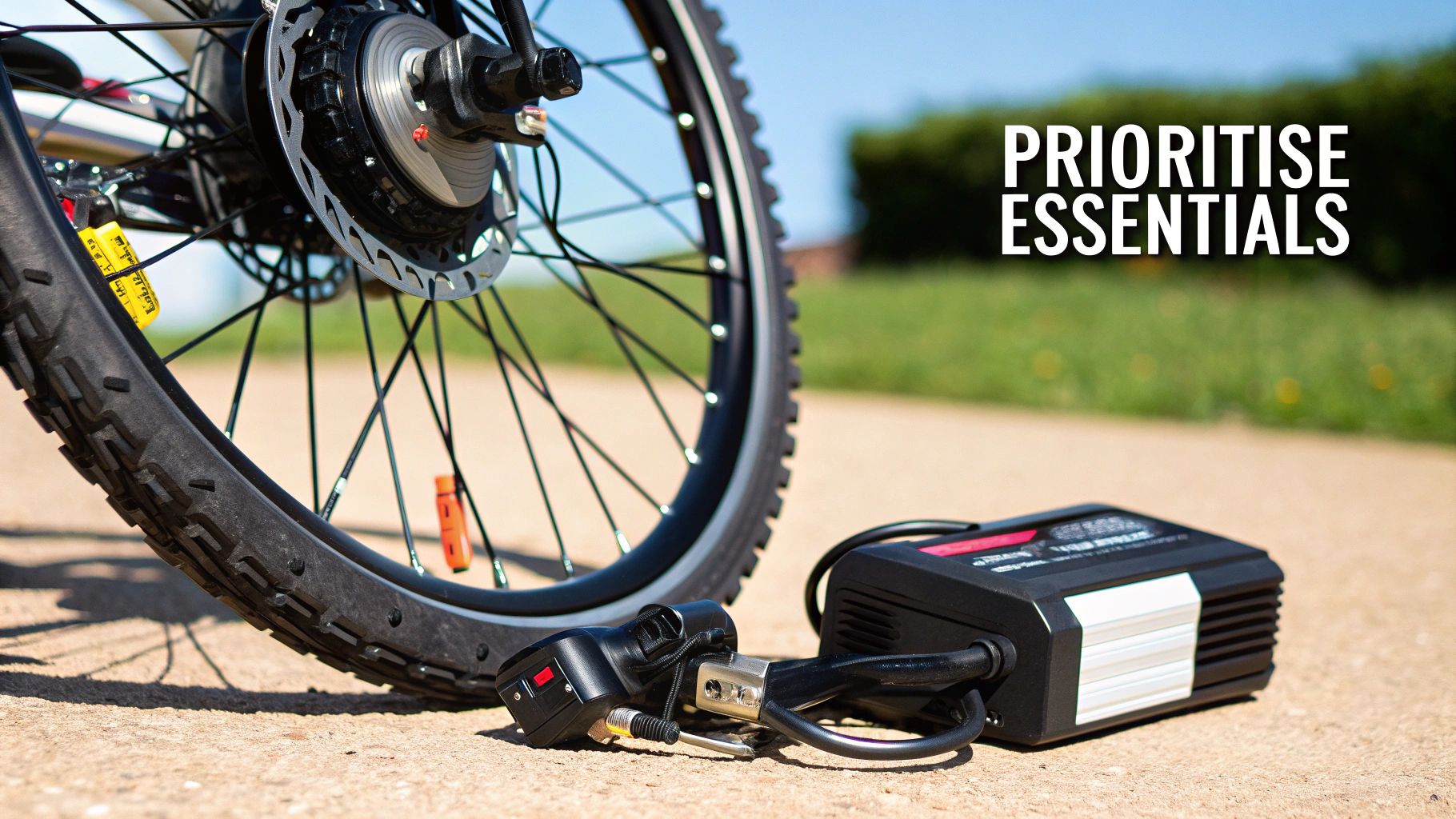 A close-up of an electric bike's wheel and disc brake, with a charger on the ground.