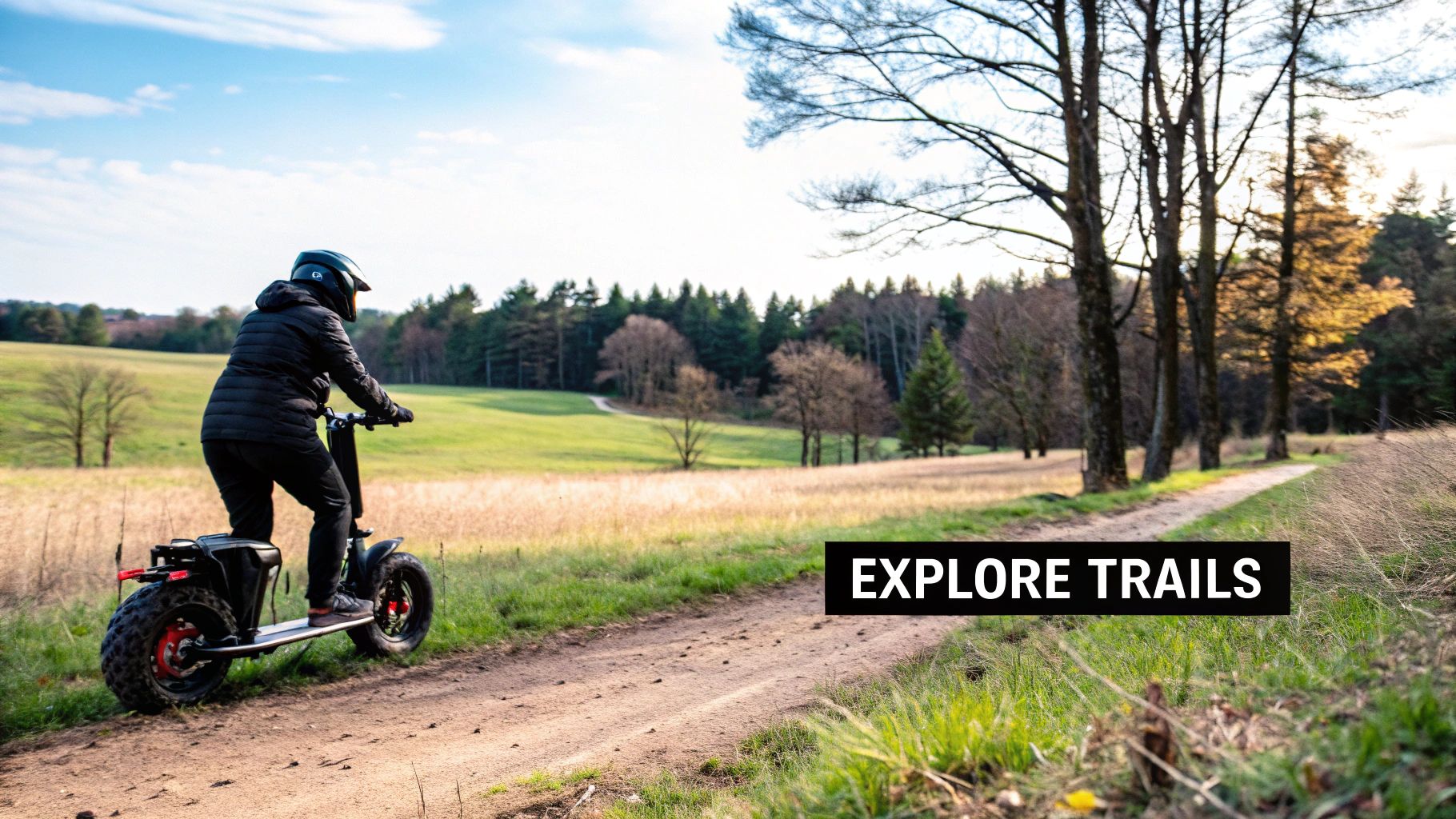 An all terrain electric scooter parked on a scenic, rugged trail.