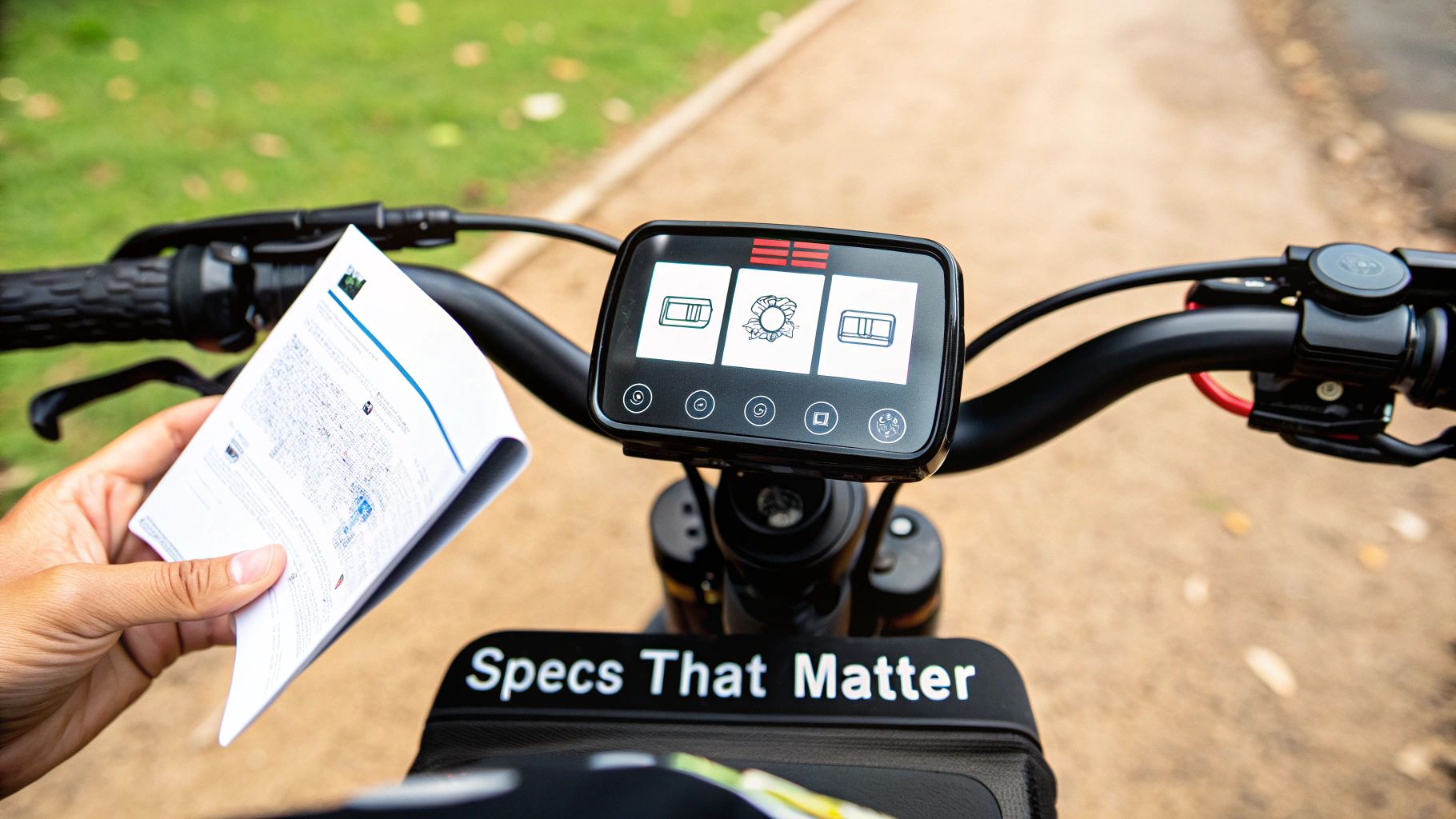 A person reads a manual near an electric bike's handlebars and digital display on a path.
