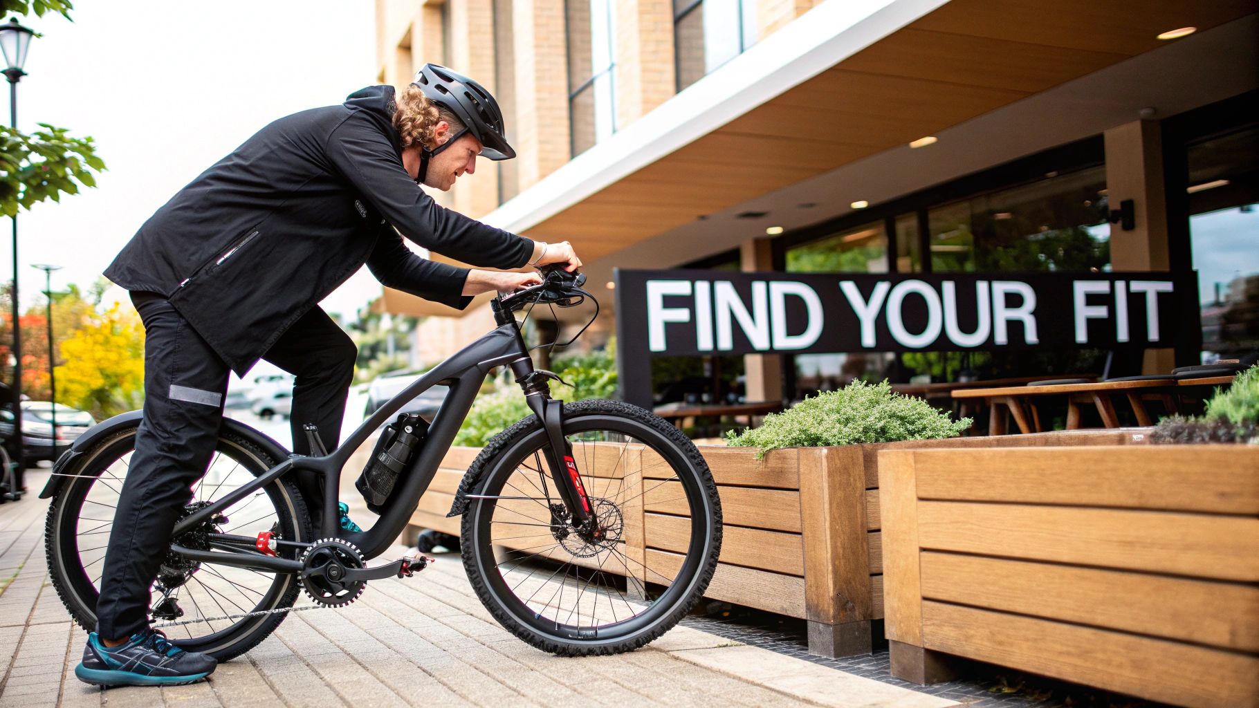 Mees mustas sõiduriietuses ja kiivriga seisab poe ees musta elektrijalgratta kõrval.