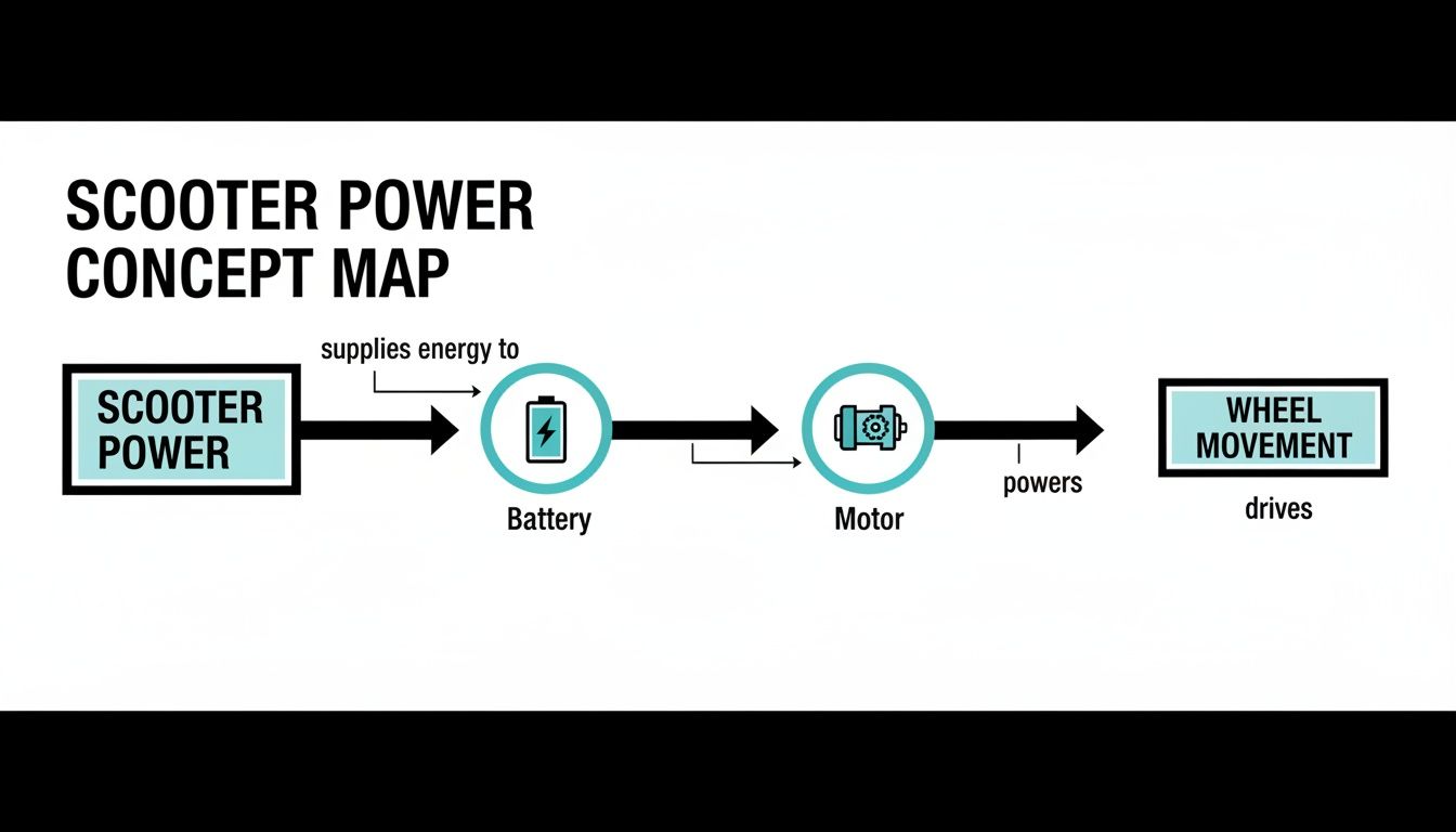 A concept map illustrating the power flow in a scooter from battery to motor for wheel movement.