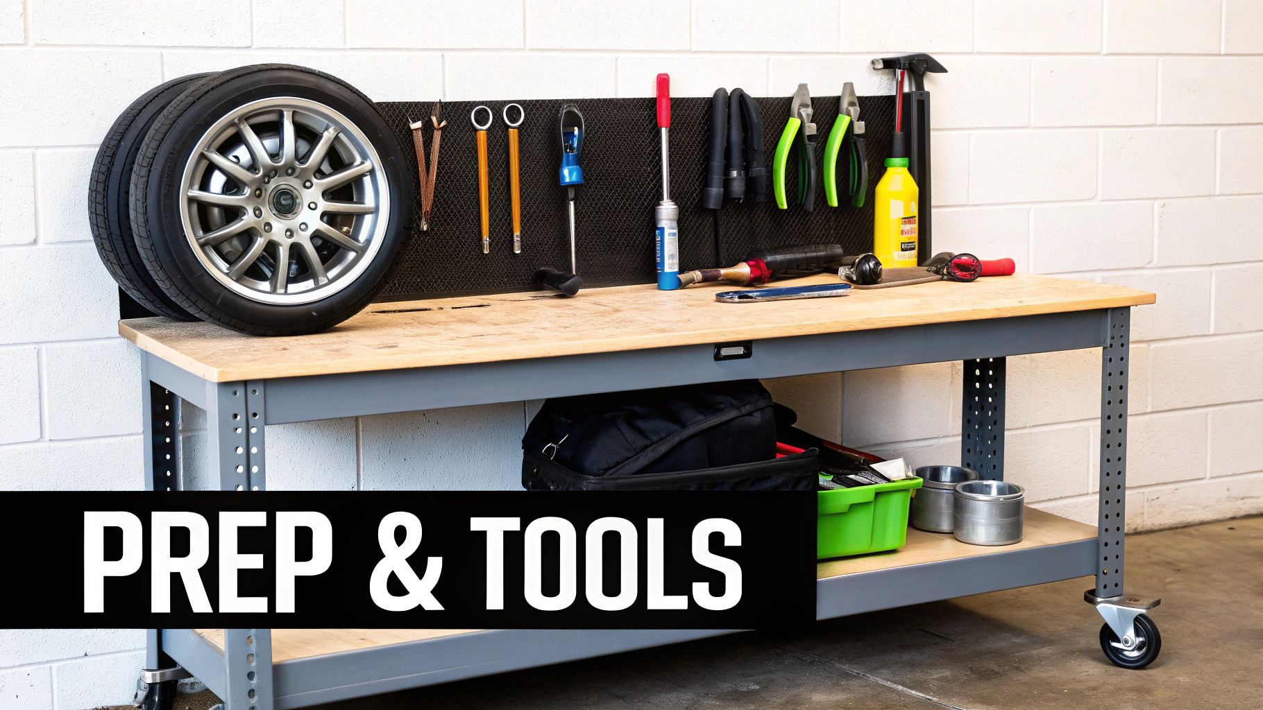 A workshop workbench with tires, various hand tools hanging on a pegboard, and storage below.