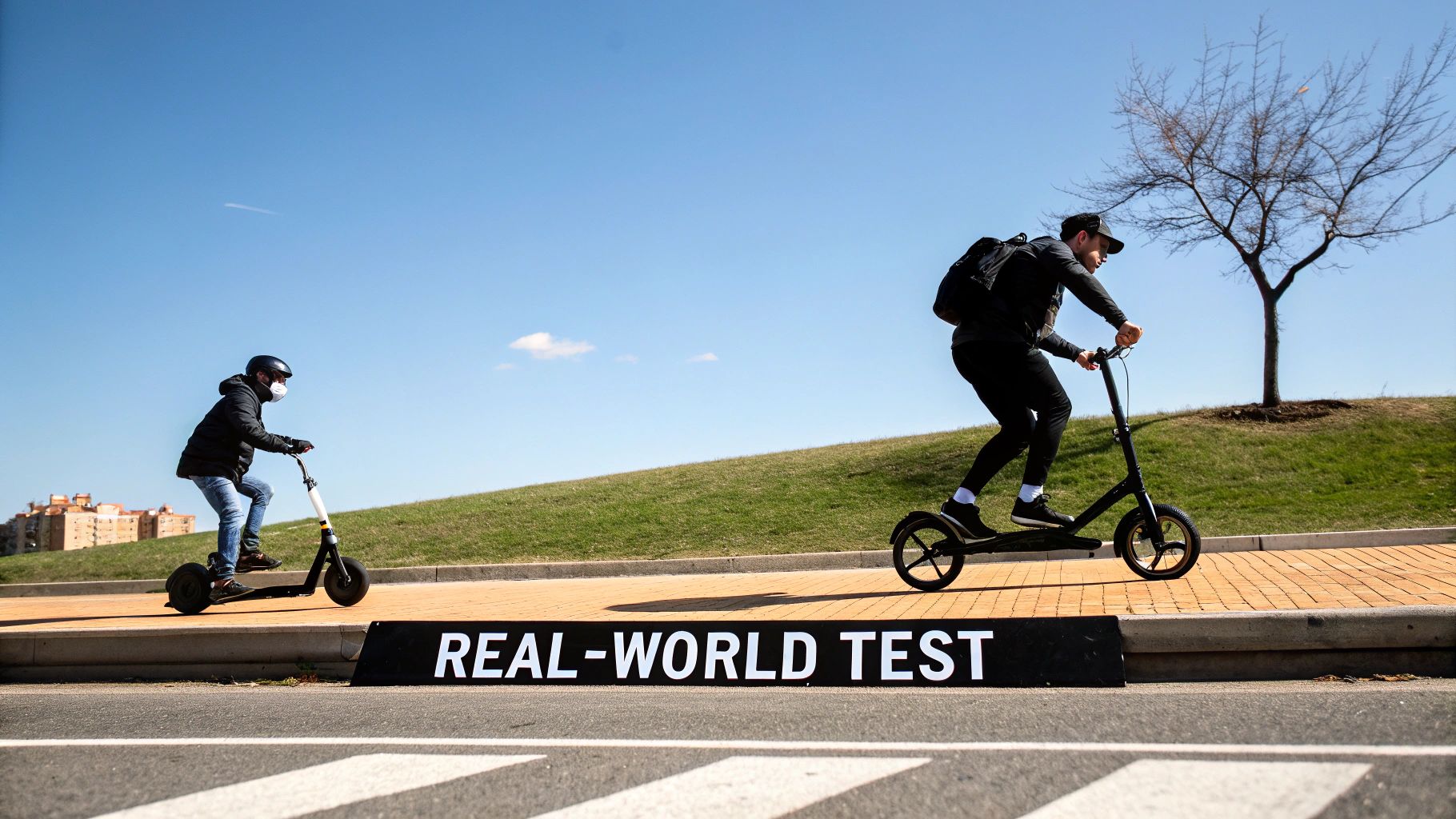 An e-scooter and e-bike side by side in an urban setting, highlighting performance differences.