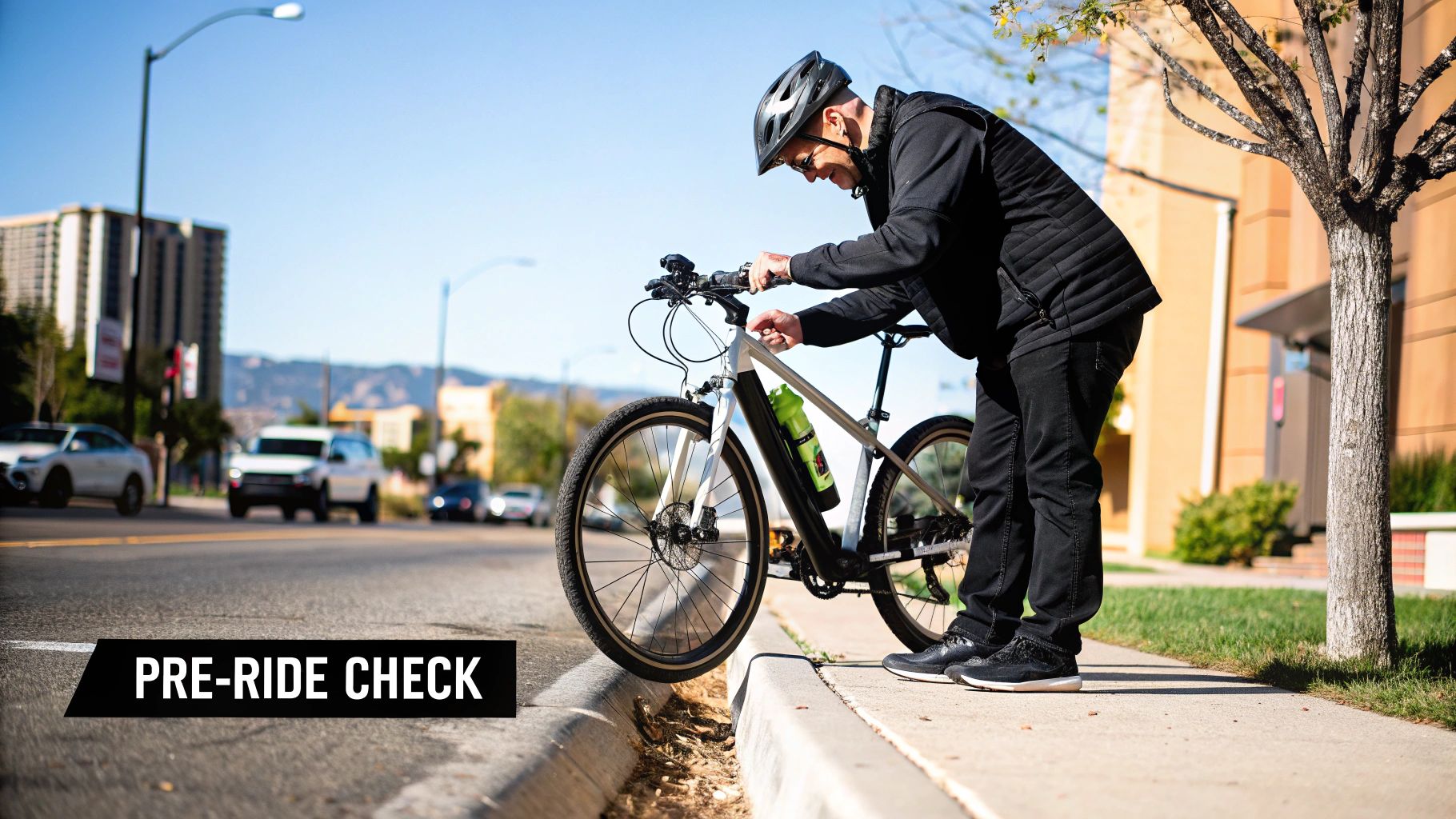 Rowerzysta w kasku sprawdza rower elektryczny przed jazdą w słoneczny dzień.
