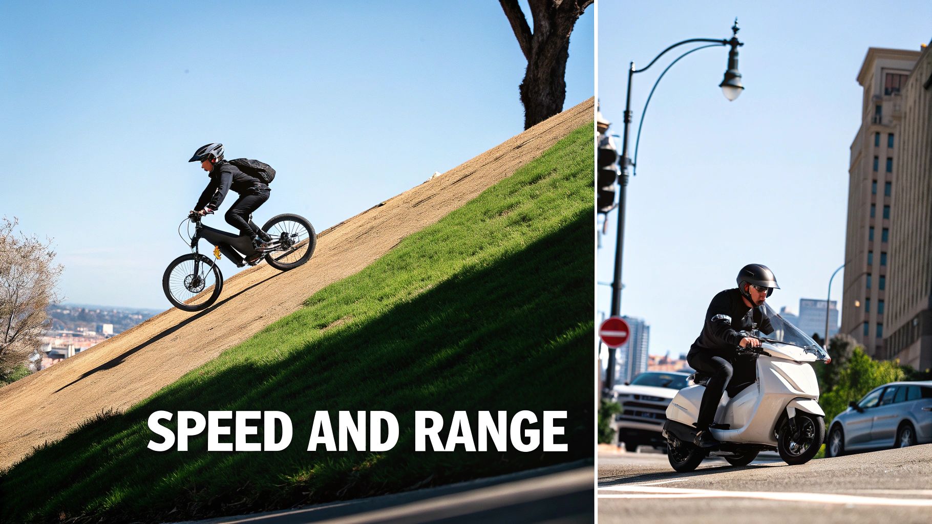 Two riders demonstrating different electric vehicles: an e-bike climbing a hill and a moped in a city.