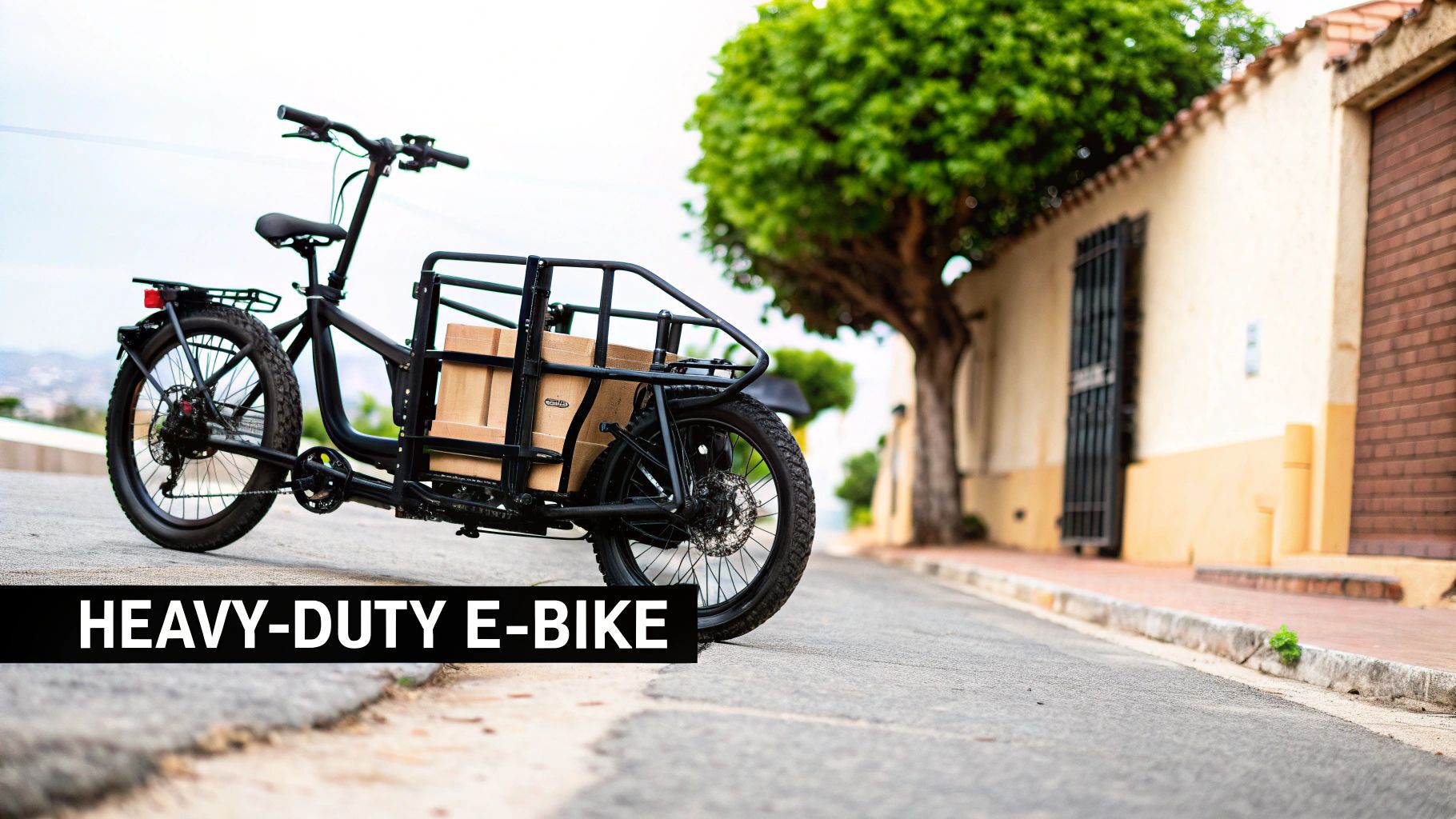 A person riding a heavy-duty e-bike with cargo bags, looking confident.