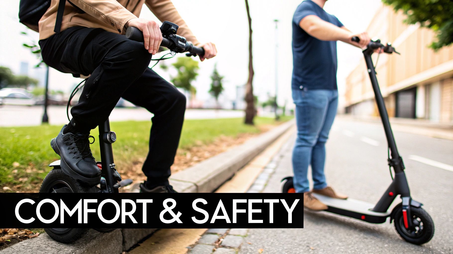 A person comfortably riding an e-bike on a sunny day, contrasting with the stand-up posture of an e-scooter.