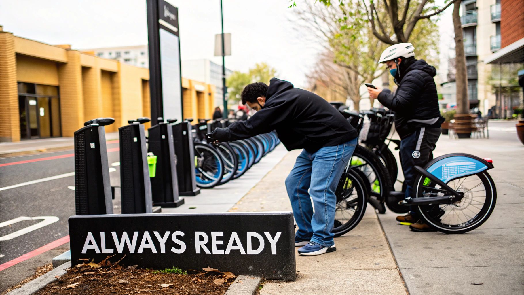 Kaks meest suhtlevad jalgratastega avalikus jalgrattalaenutuse jaamas, üks kummardub, teine on telefonis.