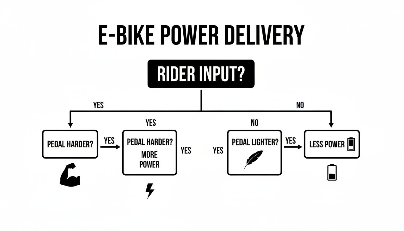 Voo diagramm, mis illustreerib elektrijalgratta võimsuse edastamist sõitja sisendi põhjal, näidates suuremat võimsust raskema pedaalimise korral.