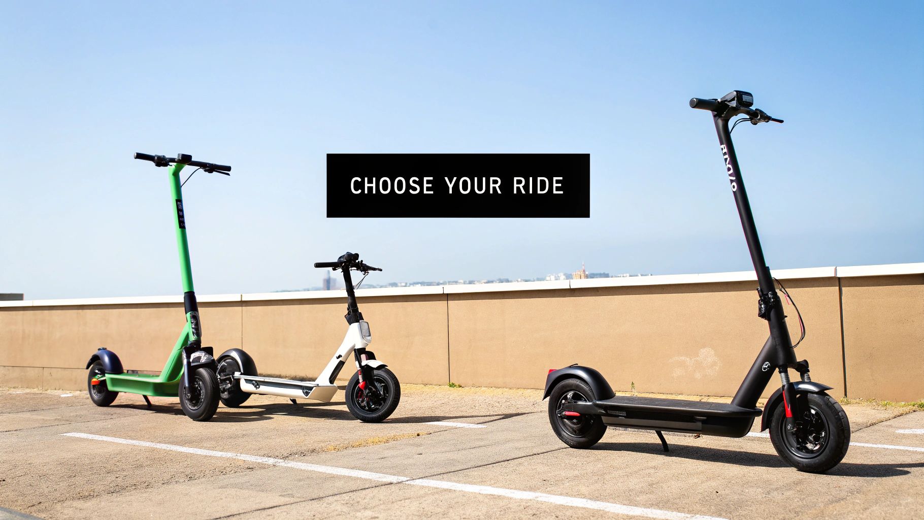 Trzy hulajnogi elektryczne, zielona, ​​biała i czarna, zaparkowane na zewnątrz pod czystym niebem, z napisem „WYBIERZ SWOJĄ JAZDĘ”.