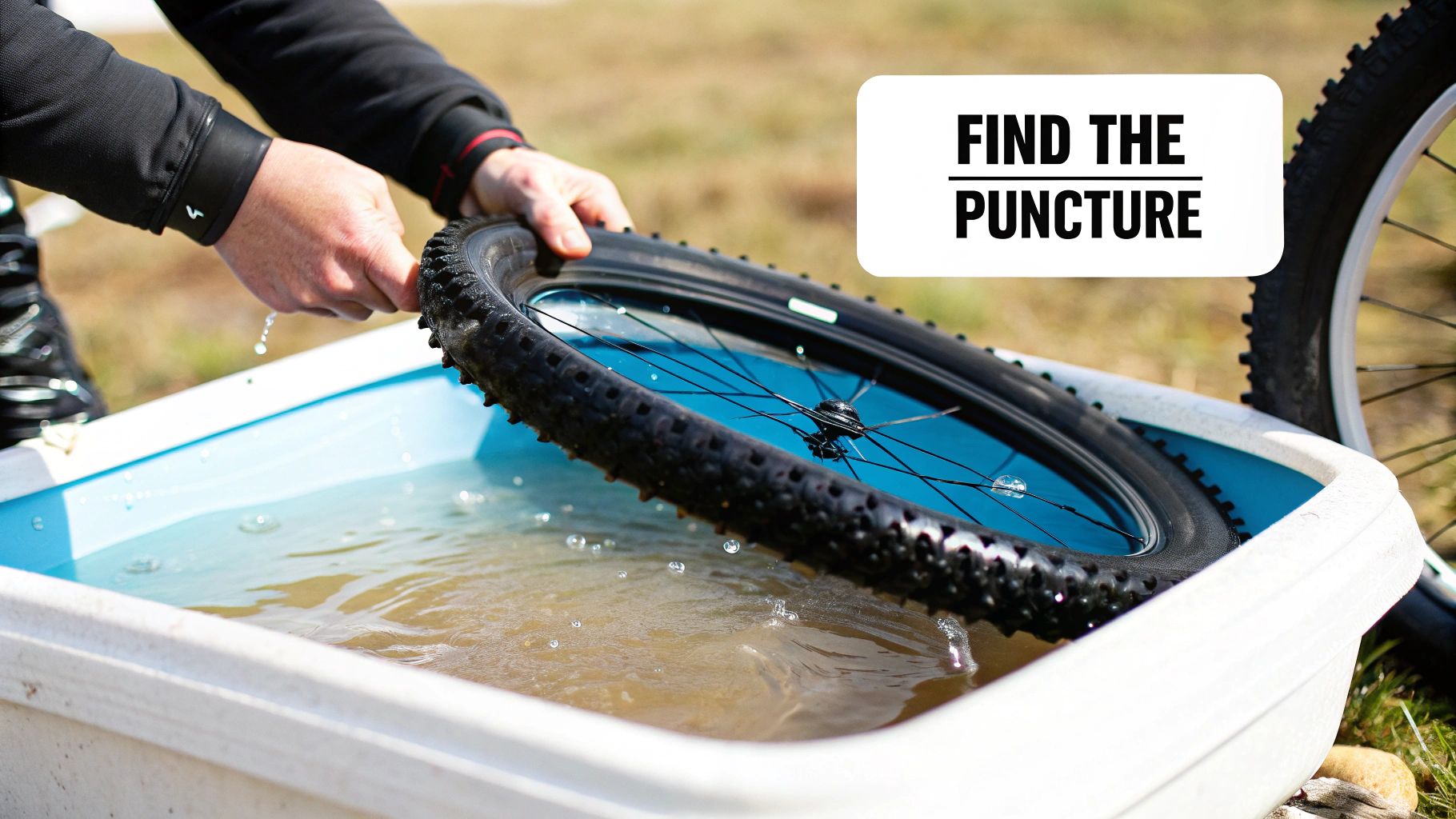A person inspecting an e-bike inner tube for punctures.