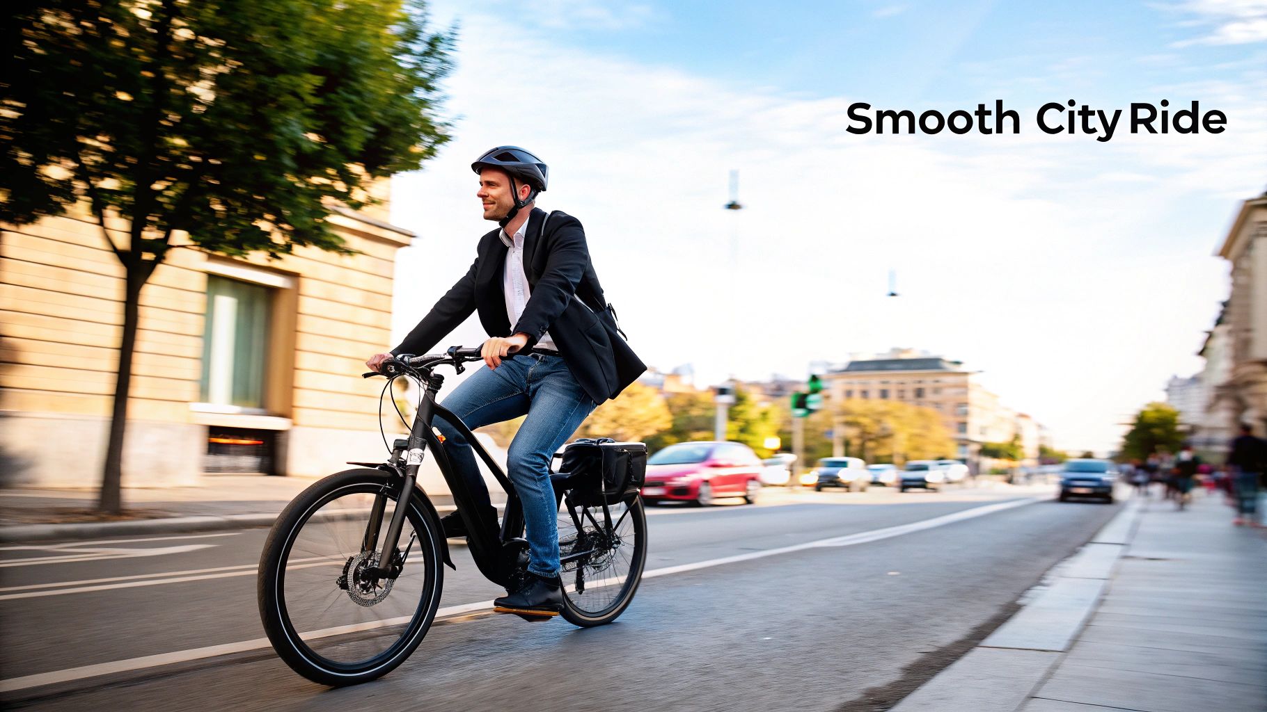 Stiilne mees bleiseri ja kiivriga sõidab elektrijalgrattaga läbi linna.