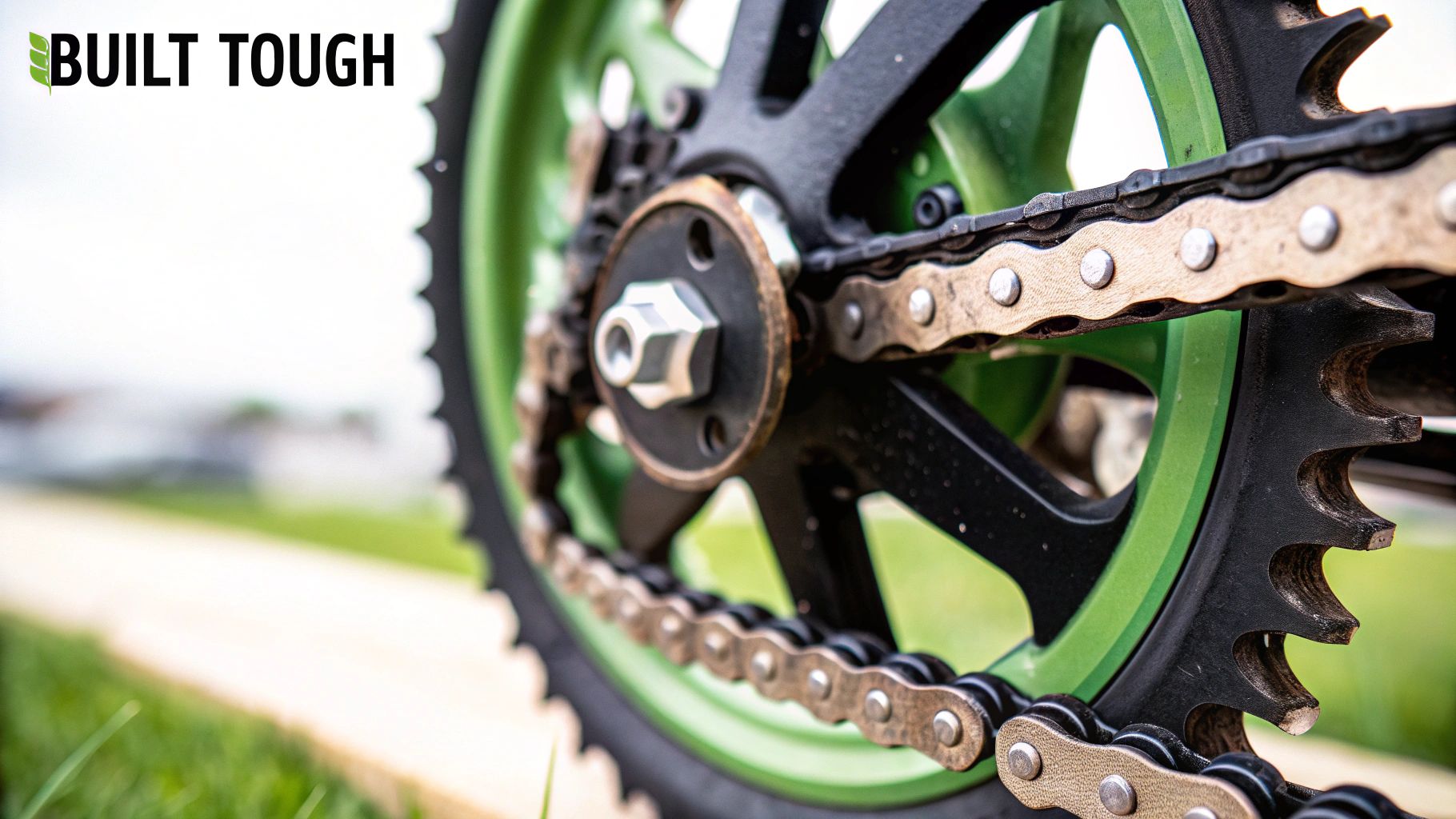 Close-up of a robust electric bike chain and black sprocket on a vibrant green wheel.