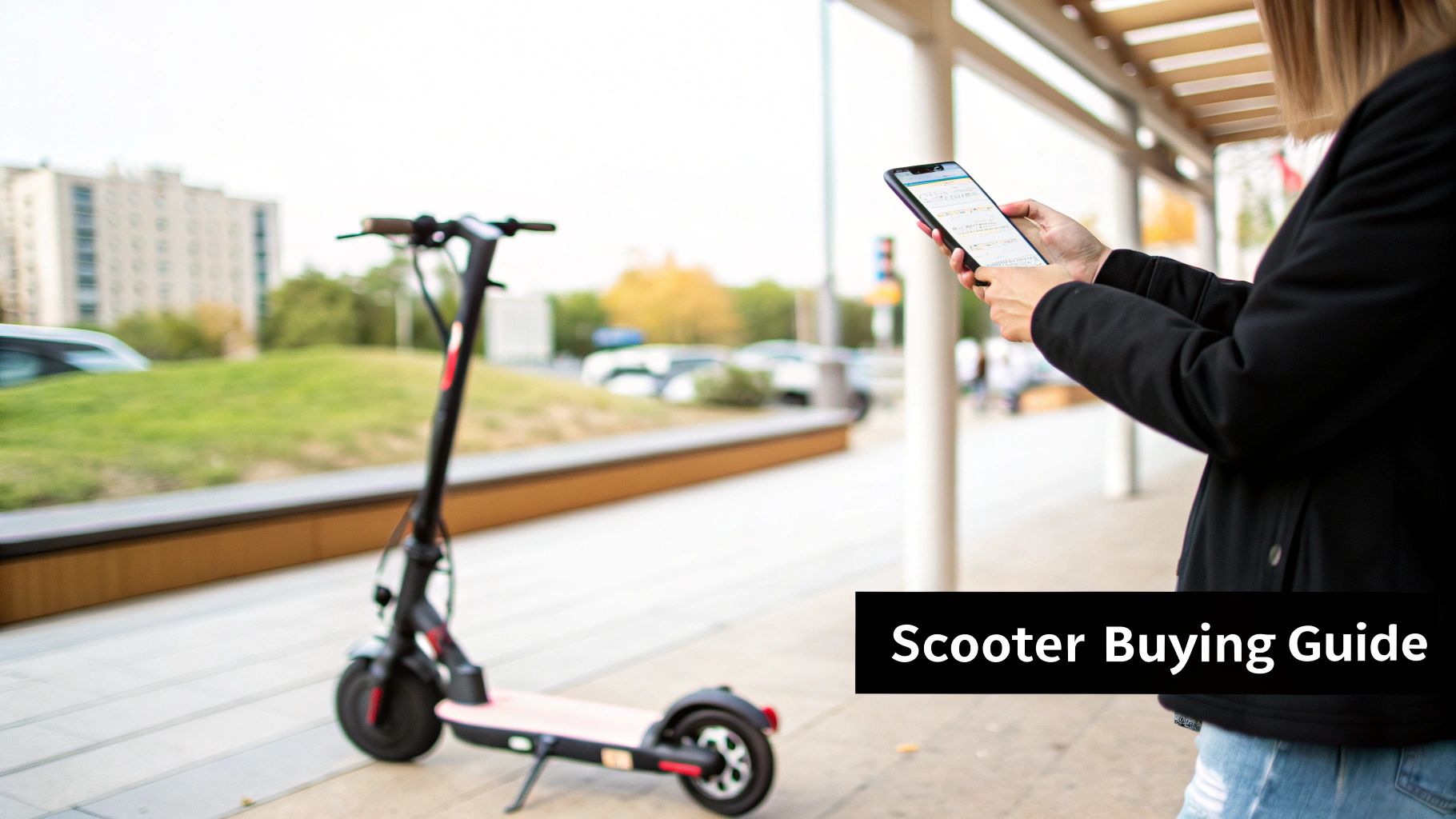 A person in a black jacket and jeans using a smartphone next to an electric scooter on a paved outdoor area.