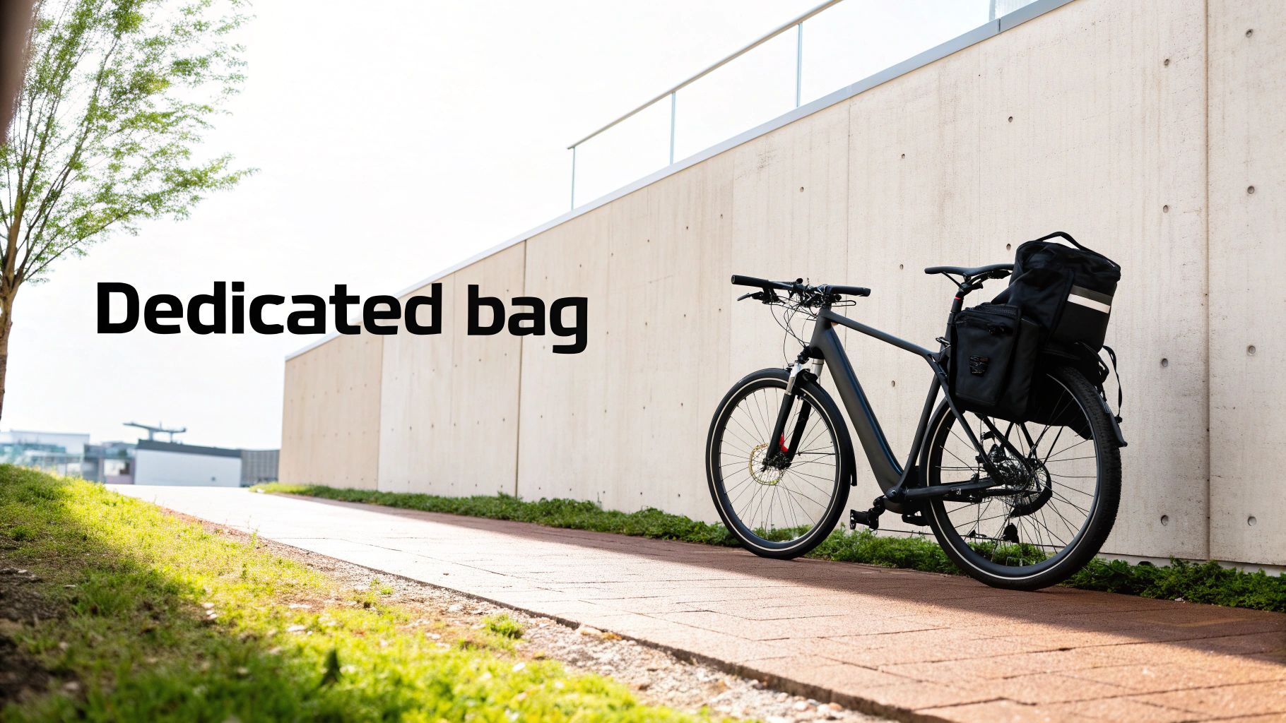 A black electric bike with a large black pannier bag on its rear rack, parked next to a concrete wall outdoors.