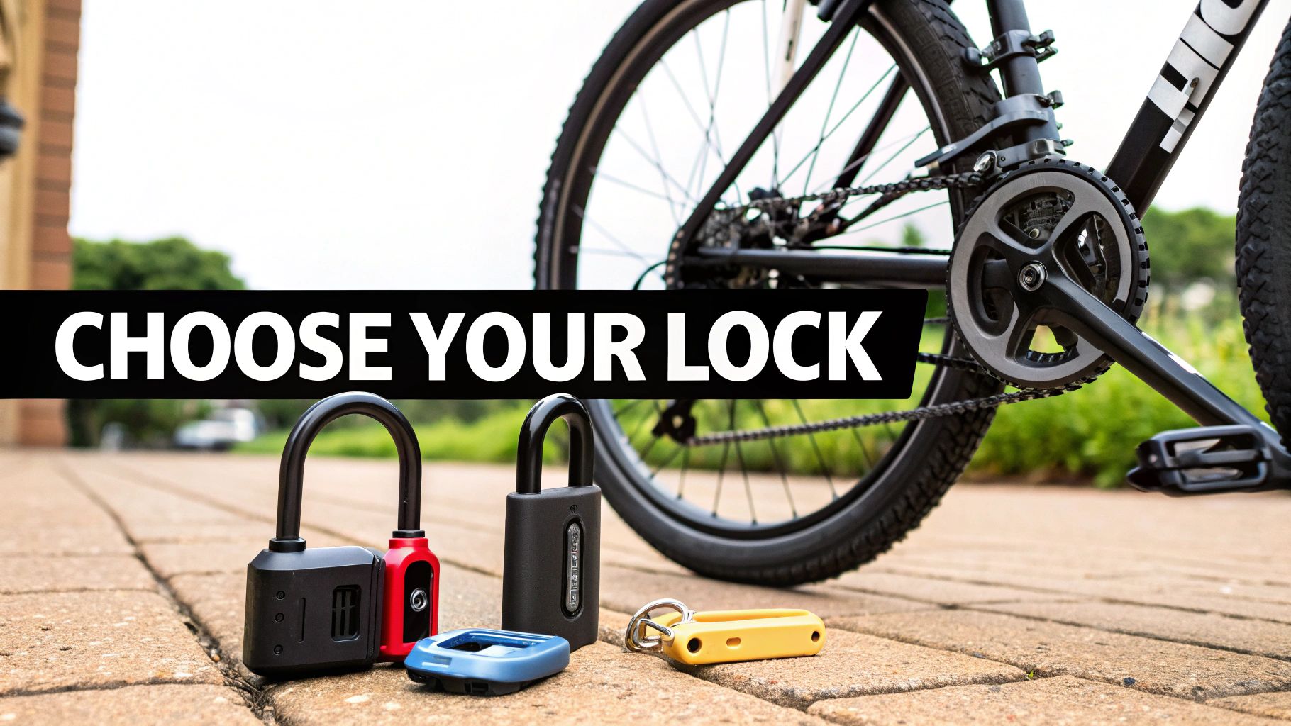 A person choosing between a U-lock, a chain lock, and a folding lock.