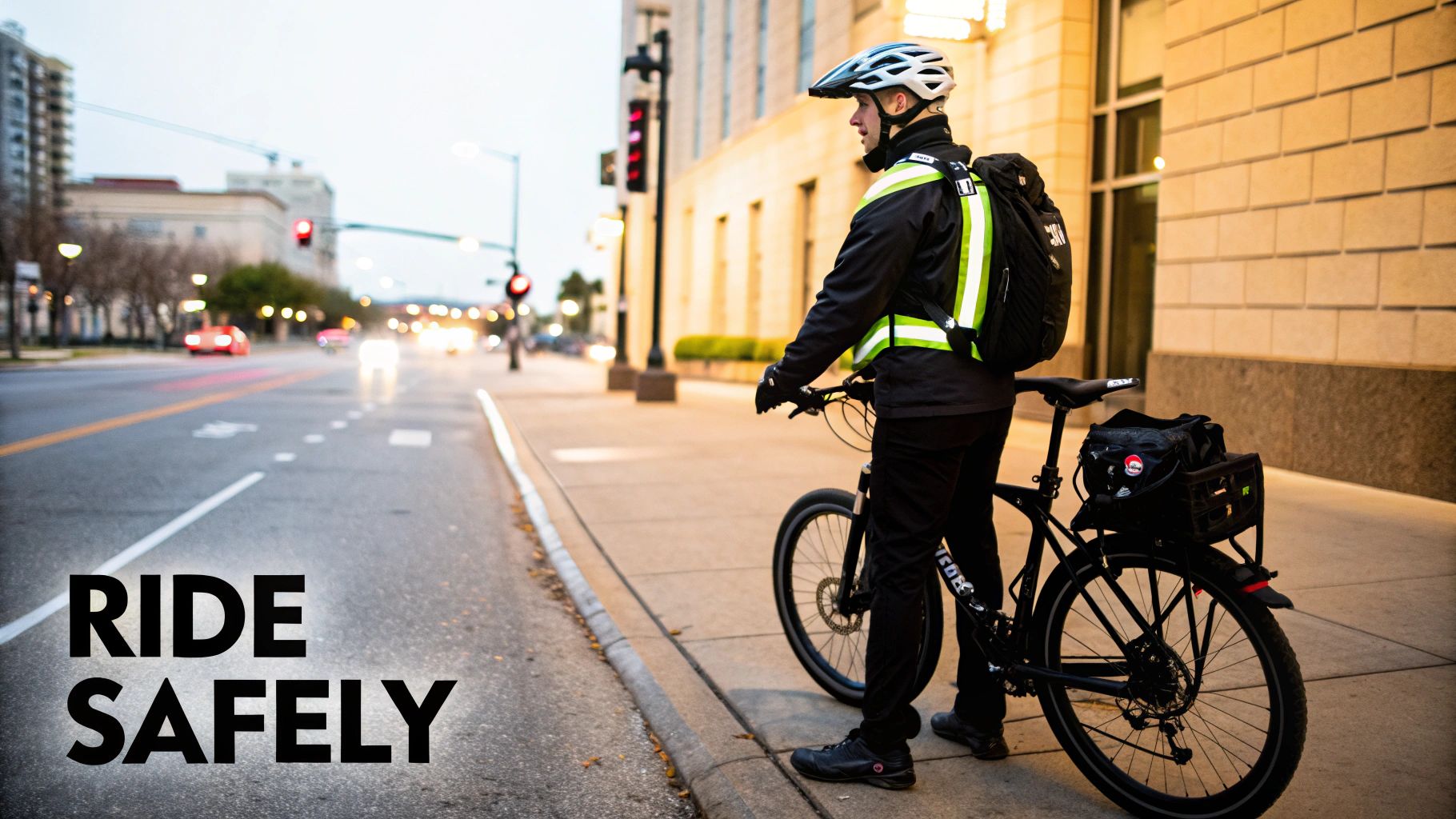 Cyclist wearing reflective vest and helmet waiting at urban intersection with bike during evening commute