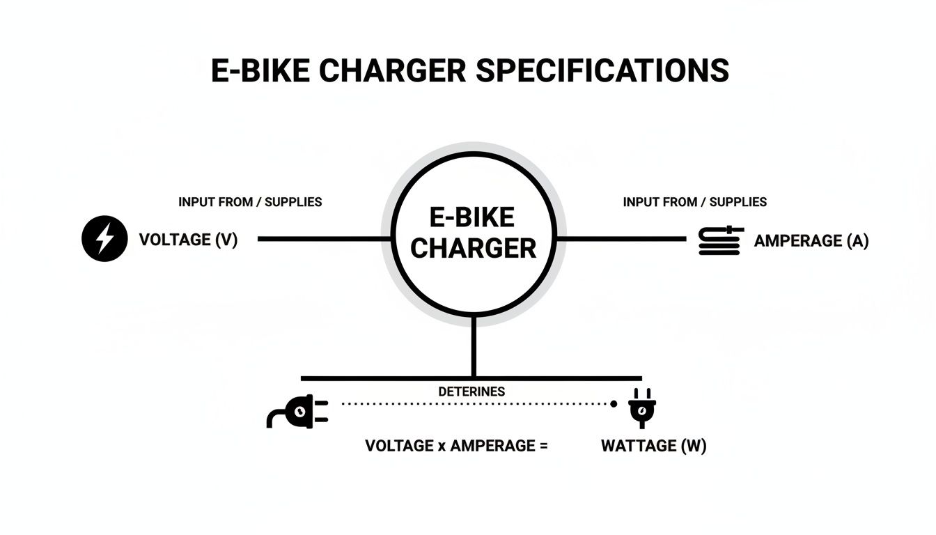A diagram illustrating e-bike charger specifications, showing voltage, amperage, and wattage calculation.