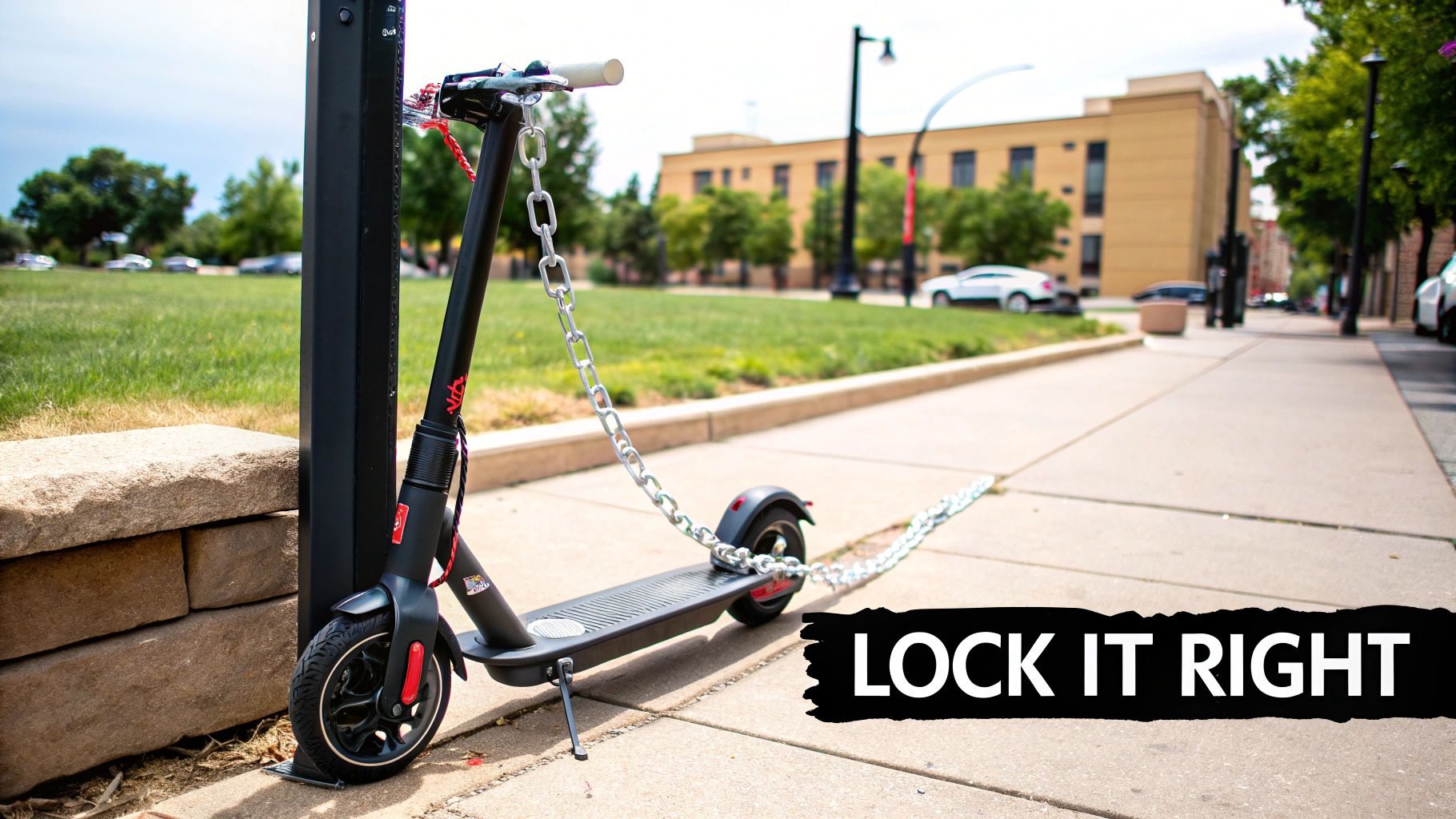 A person locking up a scooter to a bike rack in an urban setting.