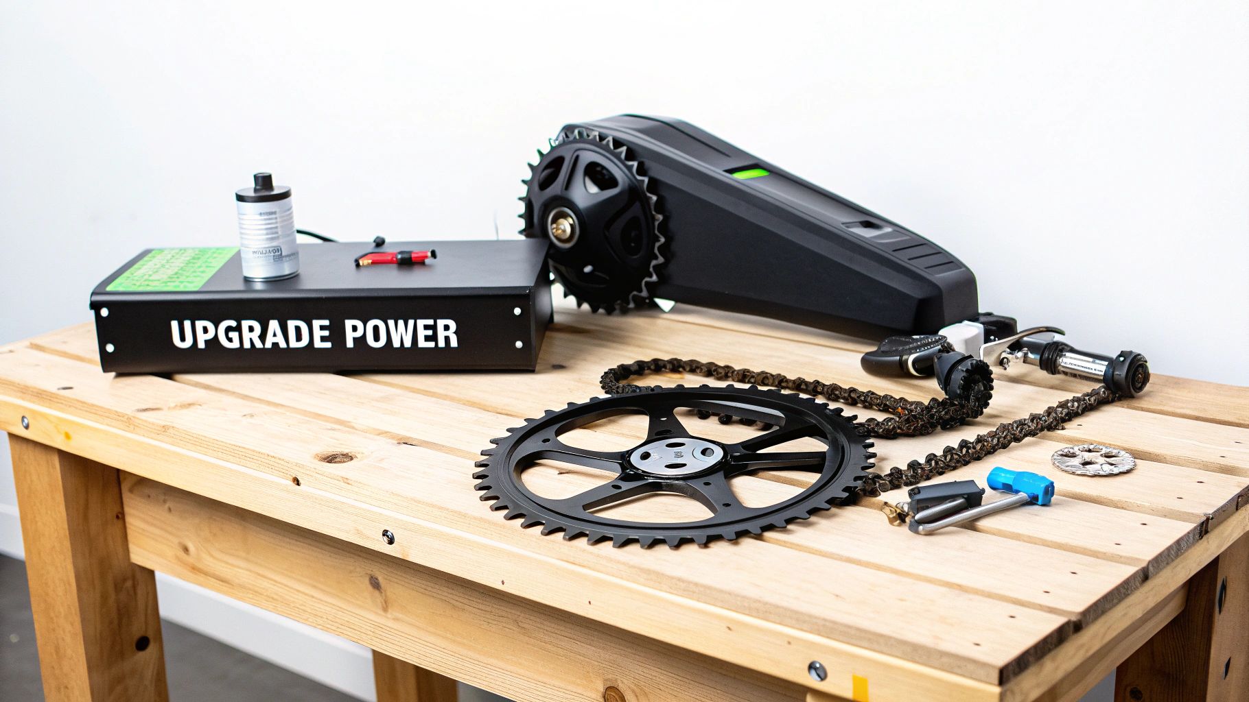 An electric bike with its battery and motor highlighted, ready for an upgrade.