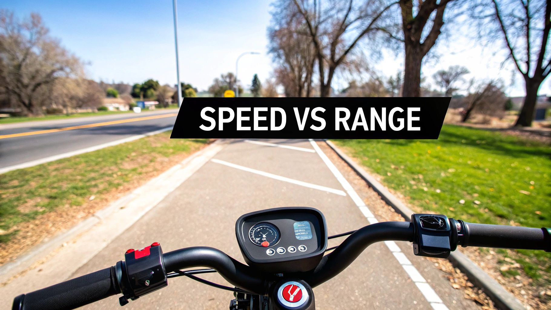 First-person view from an electric scooter on a paved path, with a 'SPEED VS RANGE' banner.