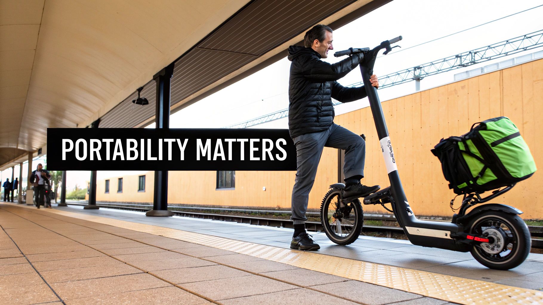 A person effortlessly carrying a folded electric scooter up a flight of stairs.